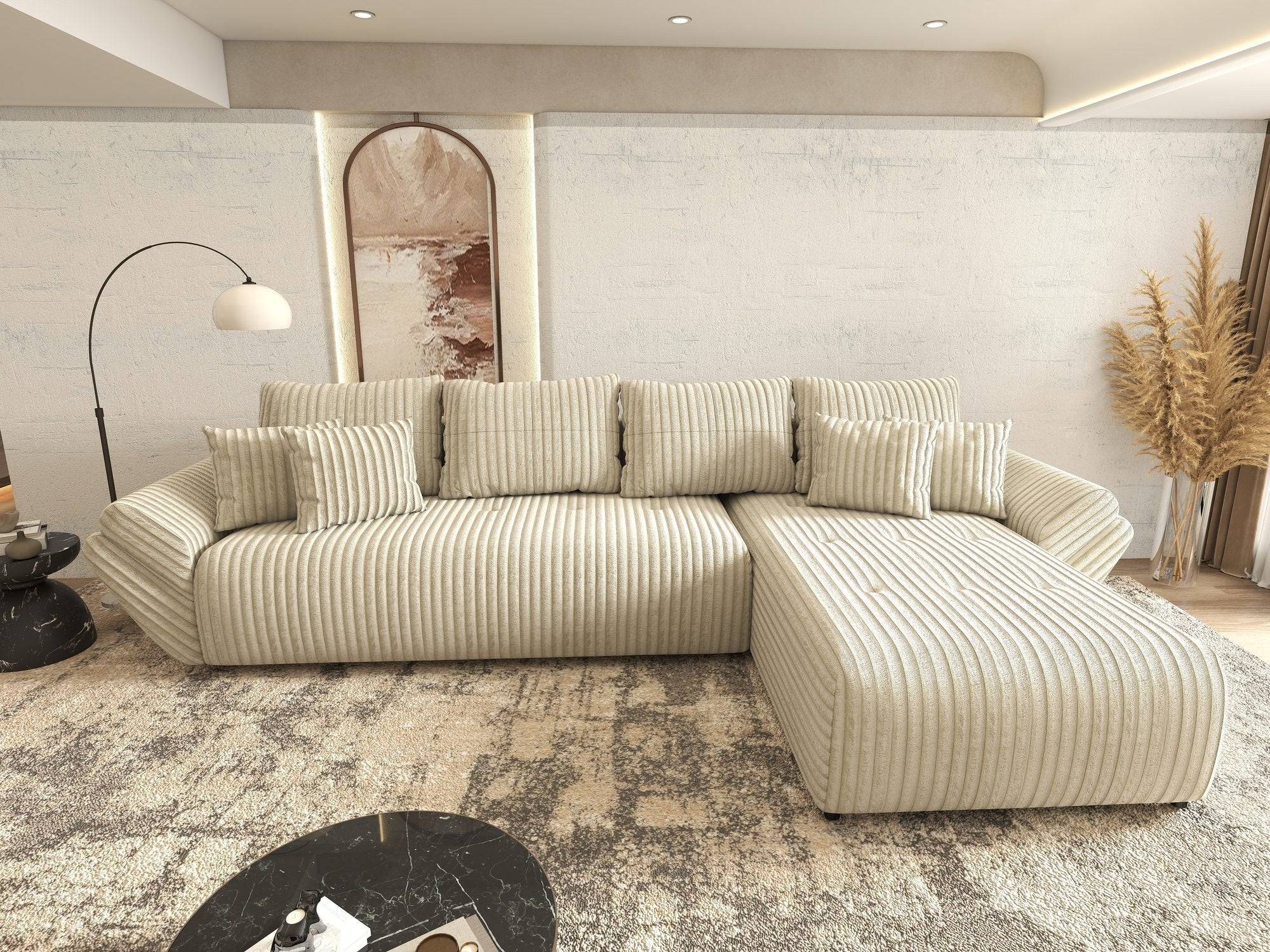 Colțar extensibil dumonde cu ladă de depozitare si sezut confortabil din spuma high-density, Berlin XL Tilia Bej 08 II 350x185 cm