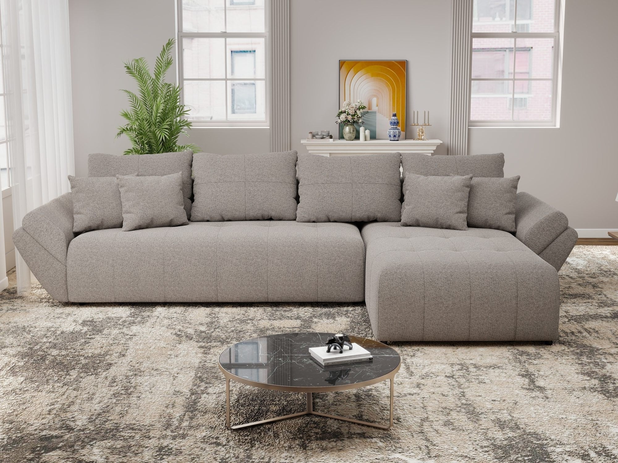Colțar extensibil dumonde cu ladă de depozitare si sezut confortabil din spuma high-density, Berlin XL Monte Gri 16 II 350x185 cm