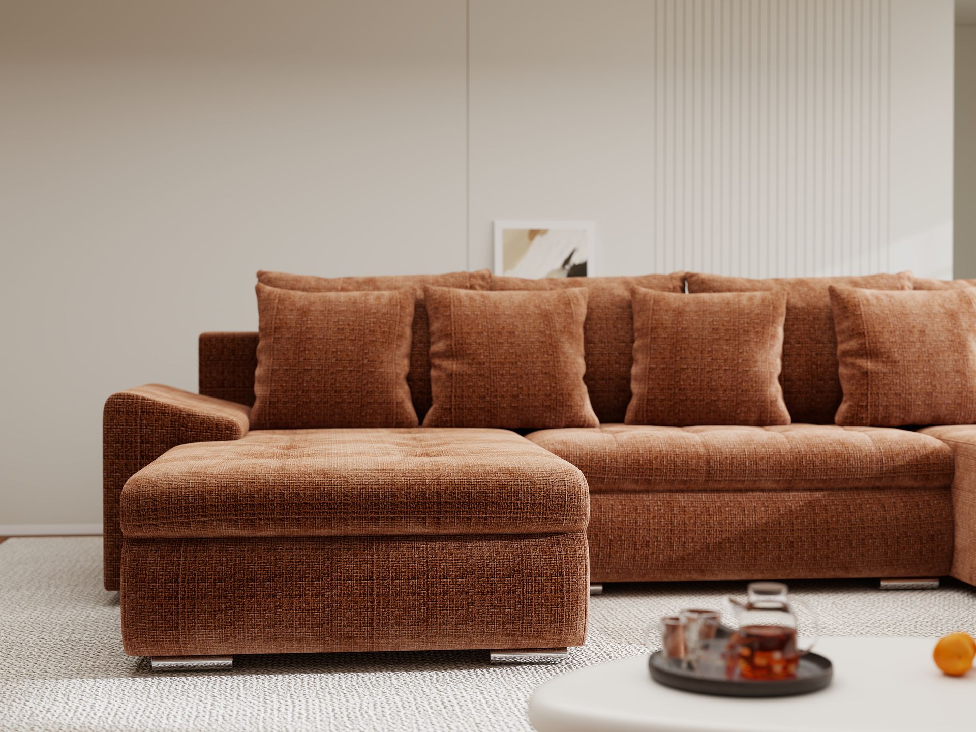 Colțar extensibil dumonde cu ladă de depozitare si sezut confortabil din spuma high-density, Leonardo U Cremona Teracota 52 360x185 cm