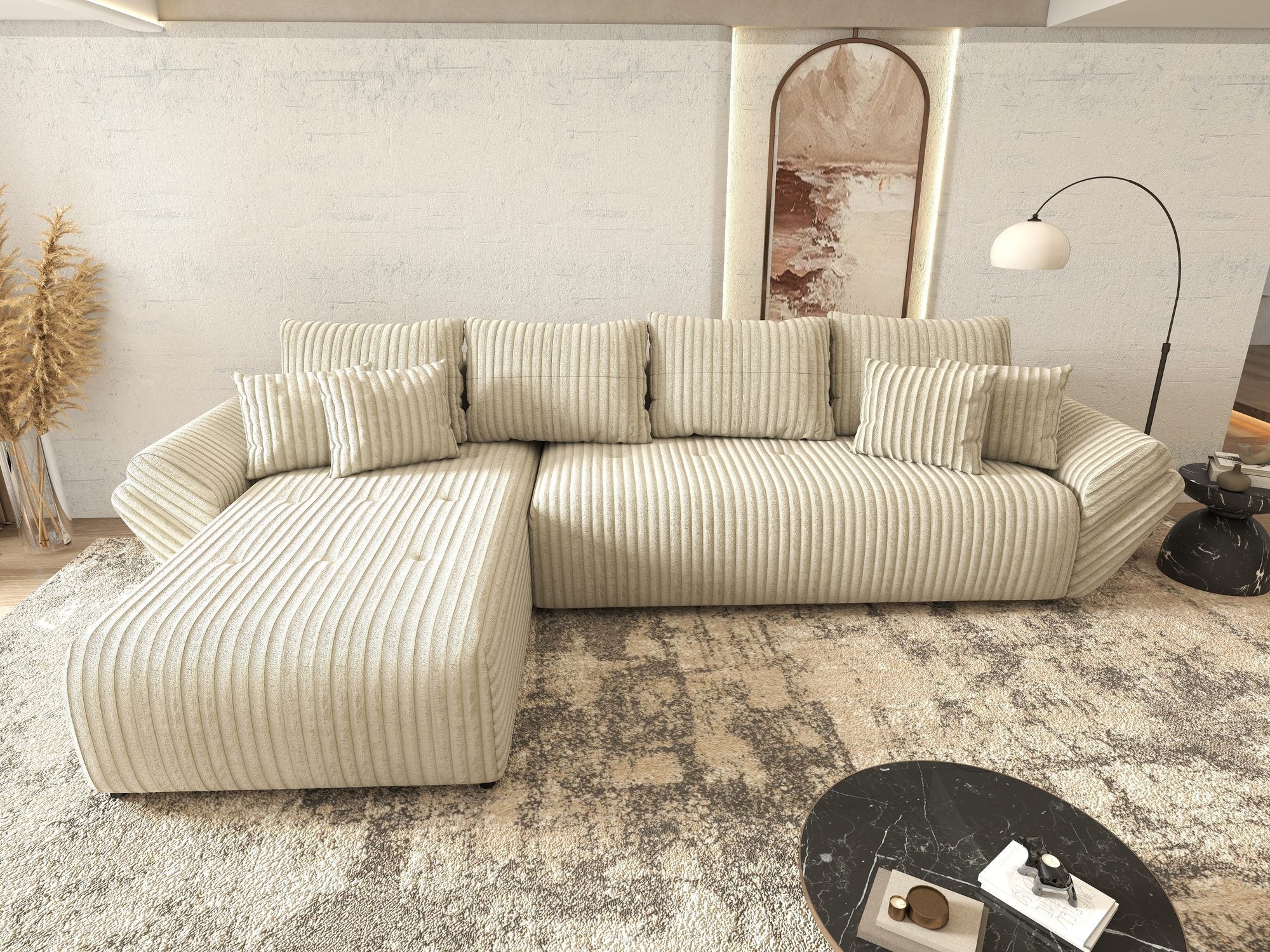 Colțar extensibil dumonde cu ladă de depozitare si sezut confortabil din spuma high-density, Berlin XL Tilia Bej 08 350x185 cm