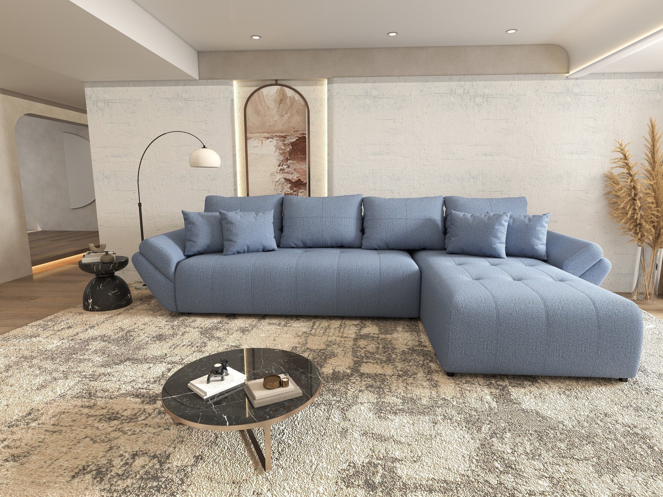Colțar extensibil dumonde cu ladă de depozitare si sezut confortabil din spuma high-density, Berlin XL Enjoy Blue 350x185 cm II