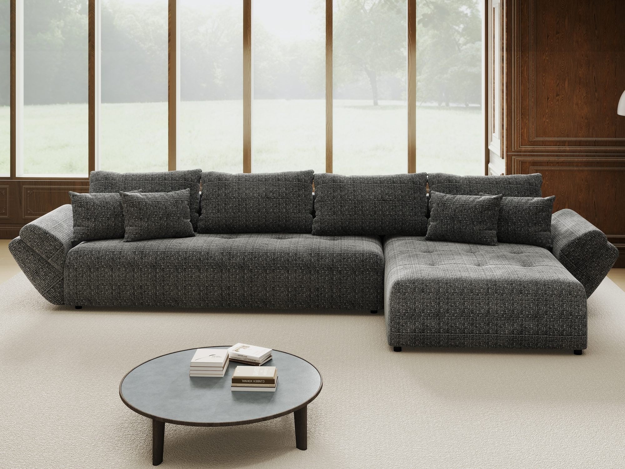 Colțar extensibil dumonde cu ladă de depozitare si sezut confortabil din spuma high-density, Berlin XL Cremona Gri 95 II 350x185 cm
