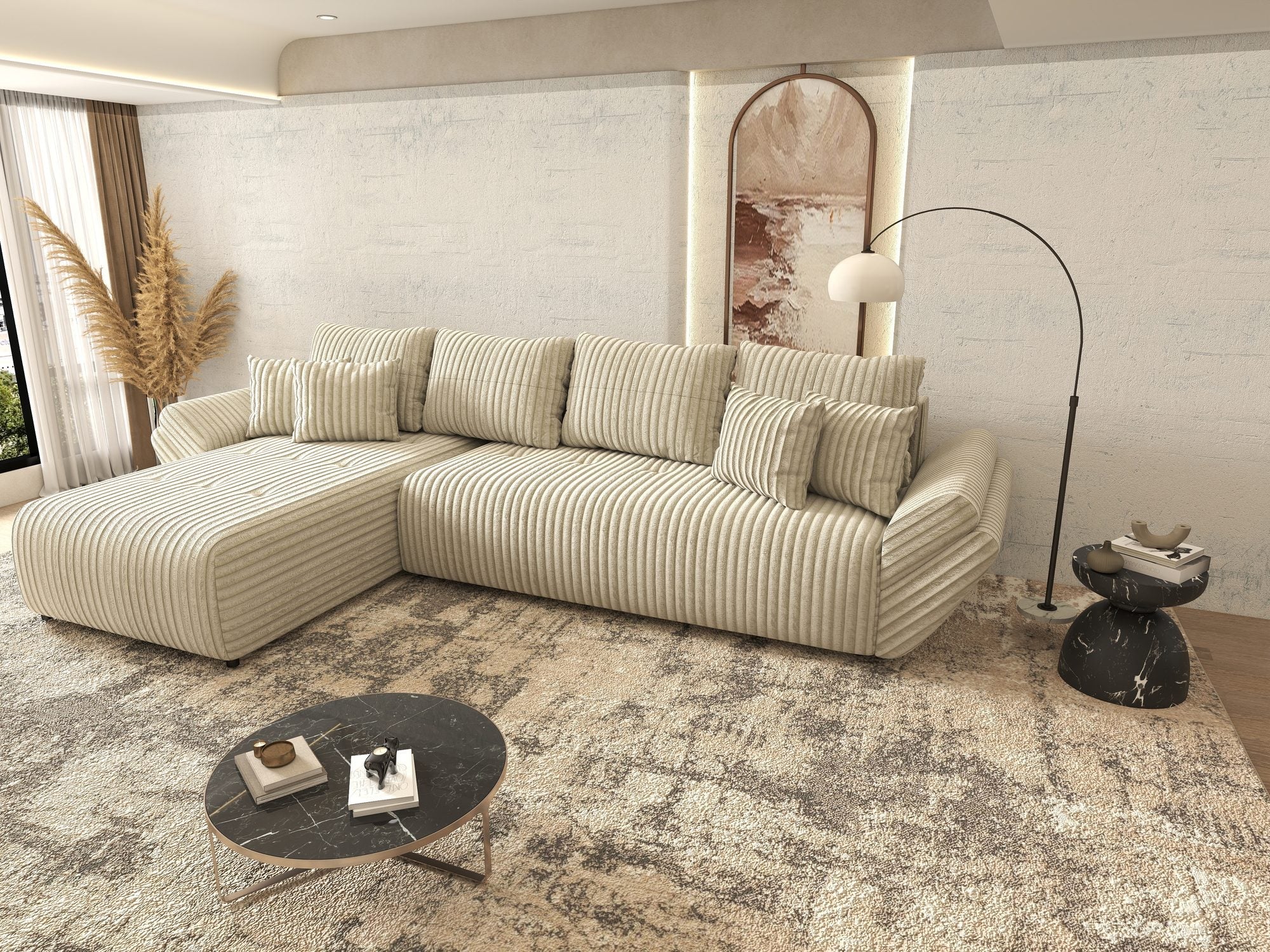 Colțar extensibil dumonde cu ladă de depozitare si sezut confortabil din spuma high-density, Berlin XL Tilia Bej 08 350x185 cm