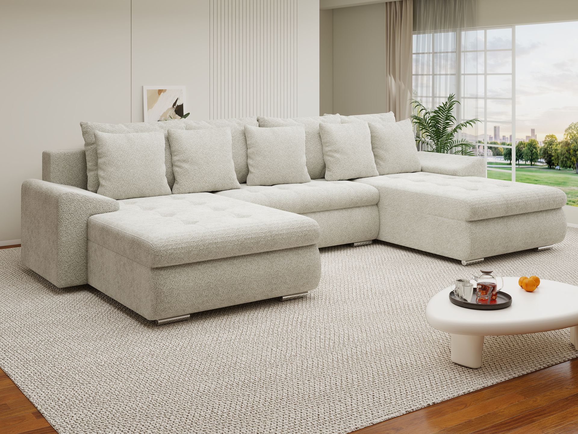 Colțar extensibil dumonde cu ladă de depozitare si sezut confortabil din spuma high-density, Leonardo U Arena Bej 20 360x185 cm