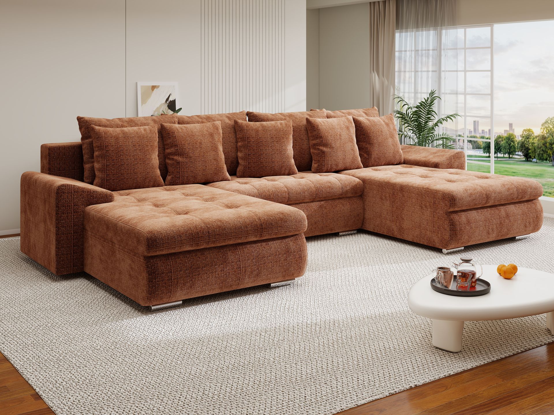 Colțar extensibil dumonde cu ladă de depozitare si sezut confortabil din spuma high-density, Leonardo U Cremona Teracota 52 360x185 cm
