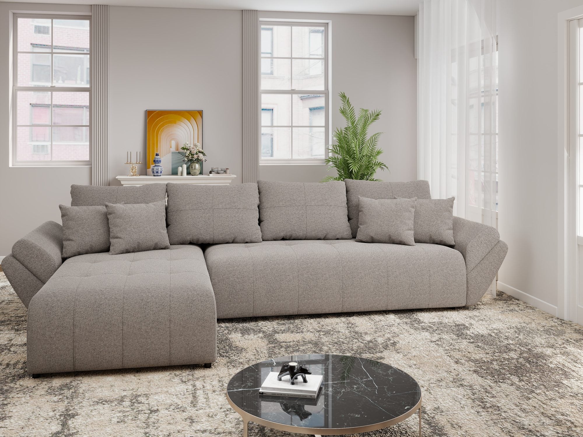 Colțar extensibil dumonde cu ladă de depozitare si sezut confortabil din spuma high-density, Berlin XL Monte Gri 16 350x185 cm