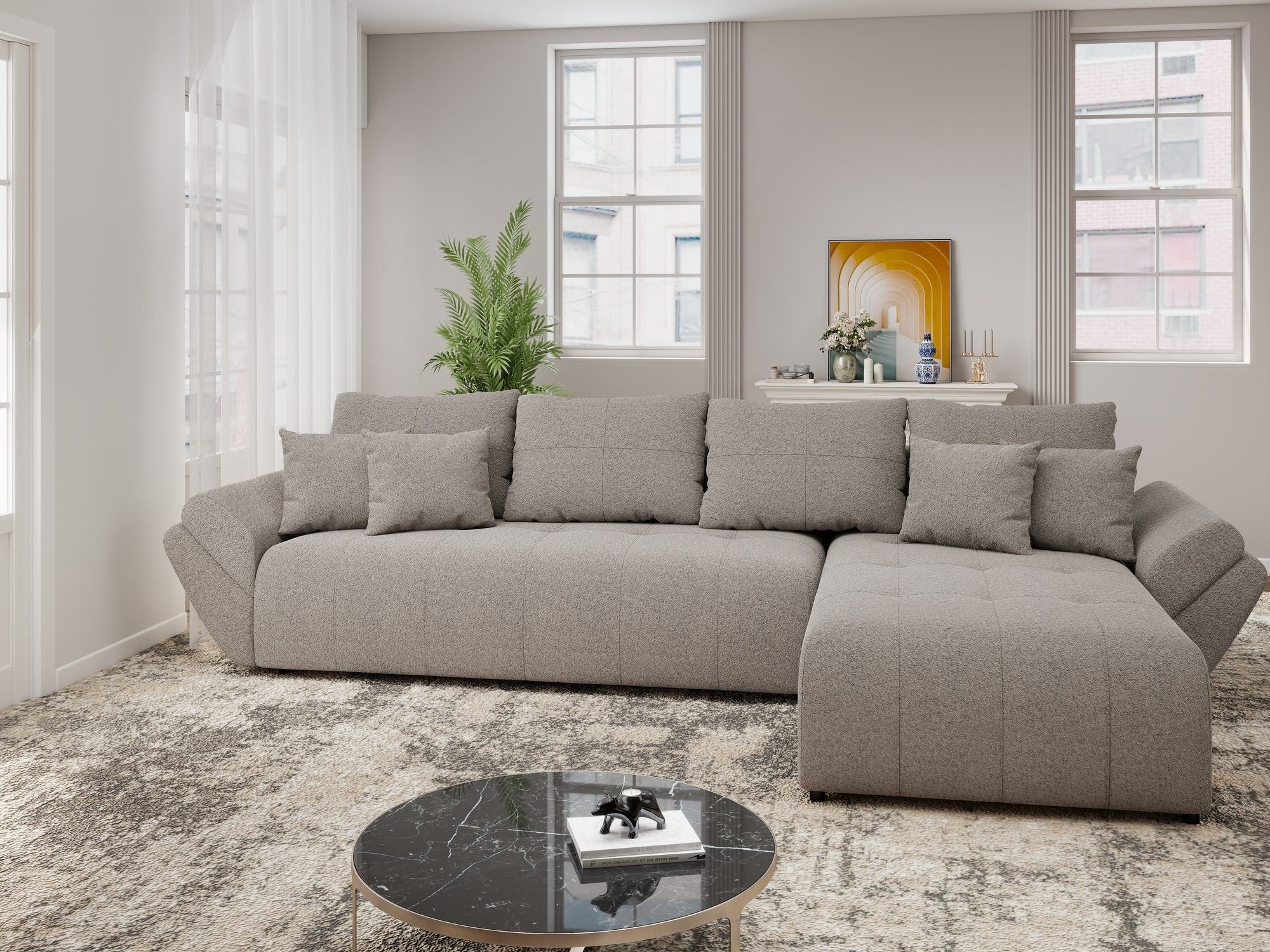 Colțar extensibil dumonde cu ladă de depozitare si sezut confortabil din spuma high-density, Berlin XL Monte Gri 16 II 350x185 cm