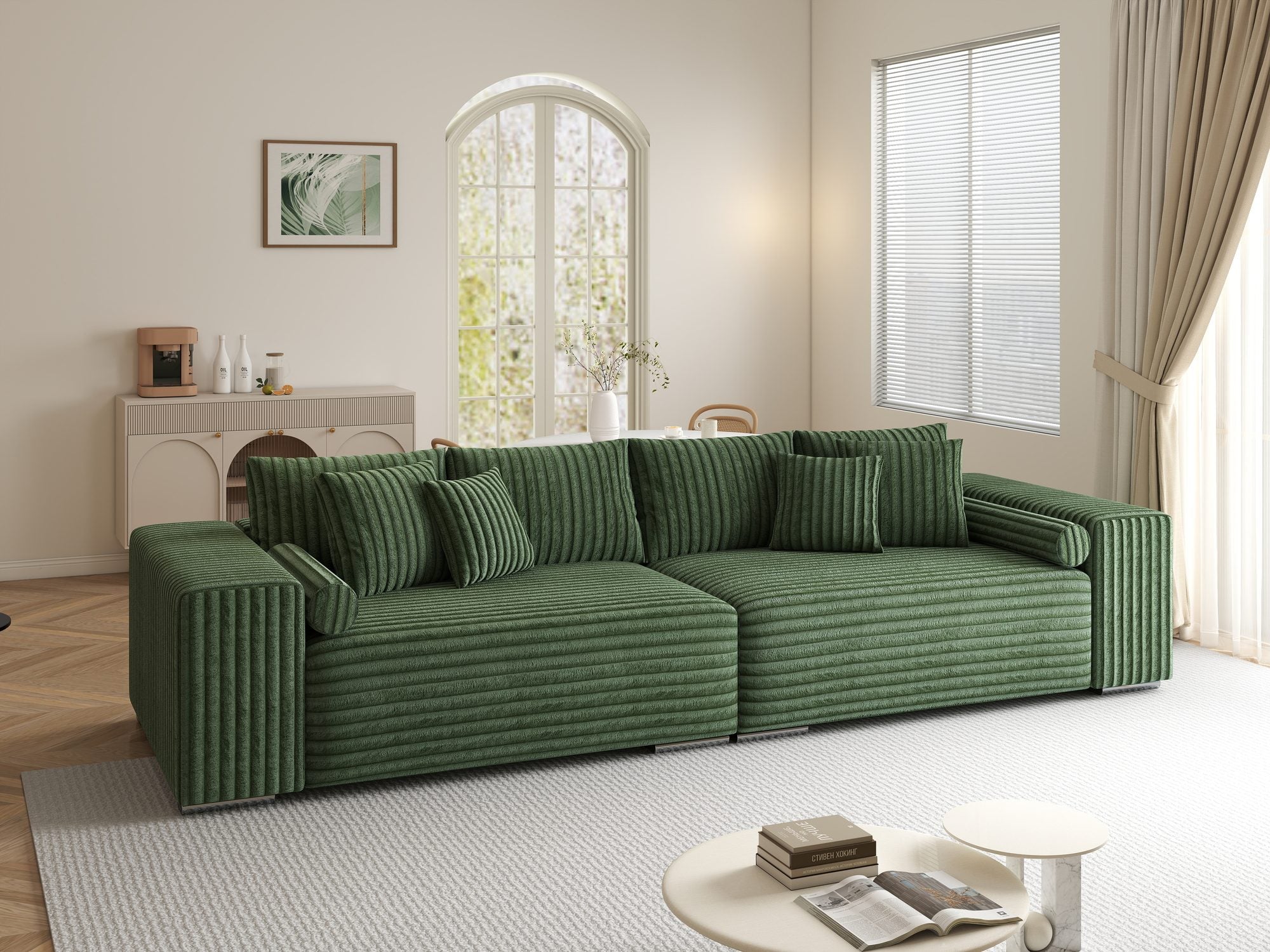 Canapea extensibilă dumonde cu ladă de depozitare si sezut confortabil din spuma high-density, Marbela XXL Tilia Verde 39 290x100 cm
