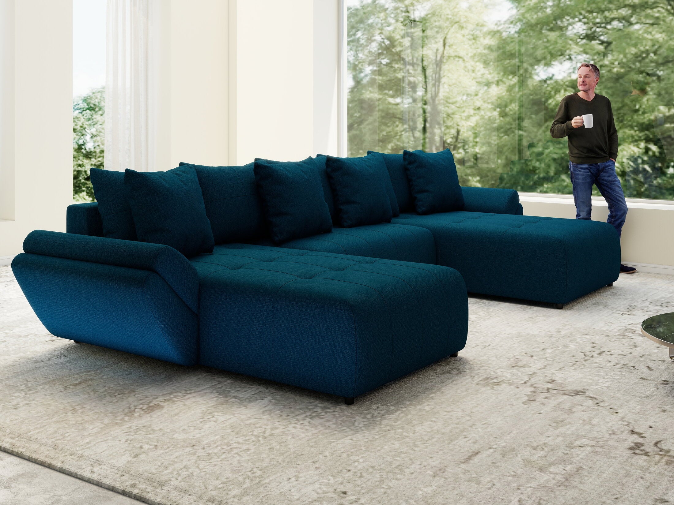 Colțar extensibil dumonde cu ladă de depozitare si sezut confortabil din spuma high-density, Berlin U Enjoy Petrol 400x185 cm