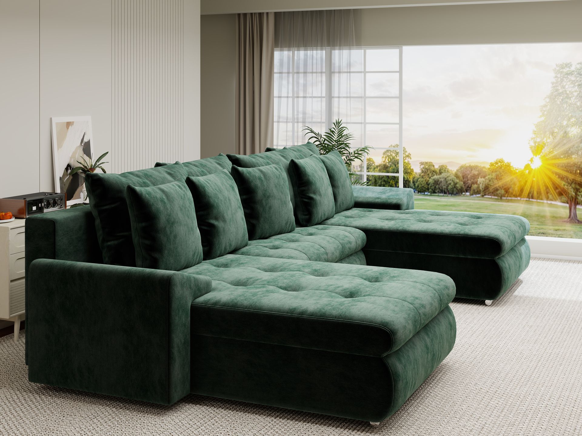 Colțar extensibil dumonde cu ladă de depozitare si sezut confortabil din spuma high-density, Leonardo U Monolith Verde 37 360x185 cm