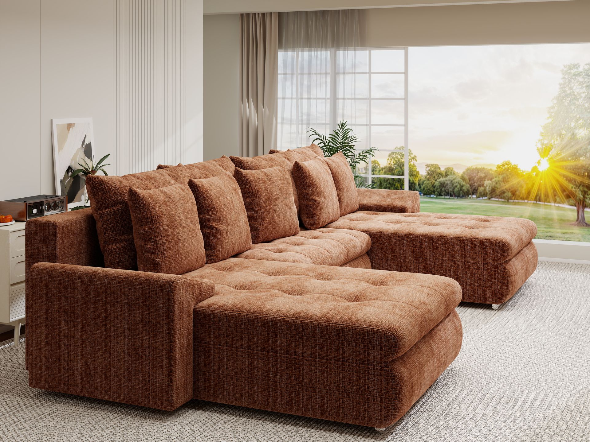 Colțar extensibil dumonde cu ladă de depozitare si sezut confortabil din spuma high-density, Leonardo U Cremona Teracota 52 360x185 cm