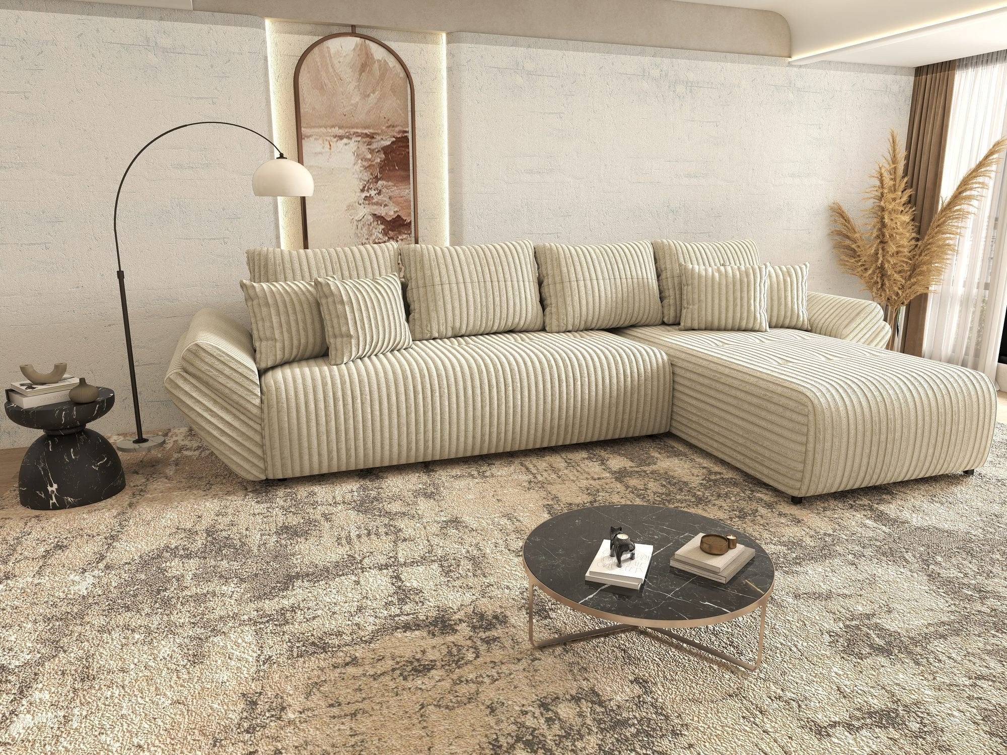 Colțar extensibil dumonde cu ladă de depozitare si sezut confortabil din spuma high-density, Berlin XL Tilia Bej 08 II 350x185 cm
