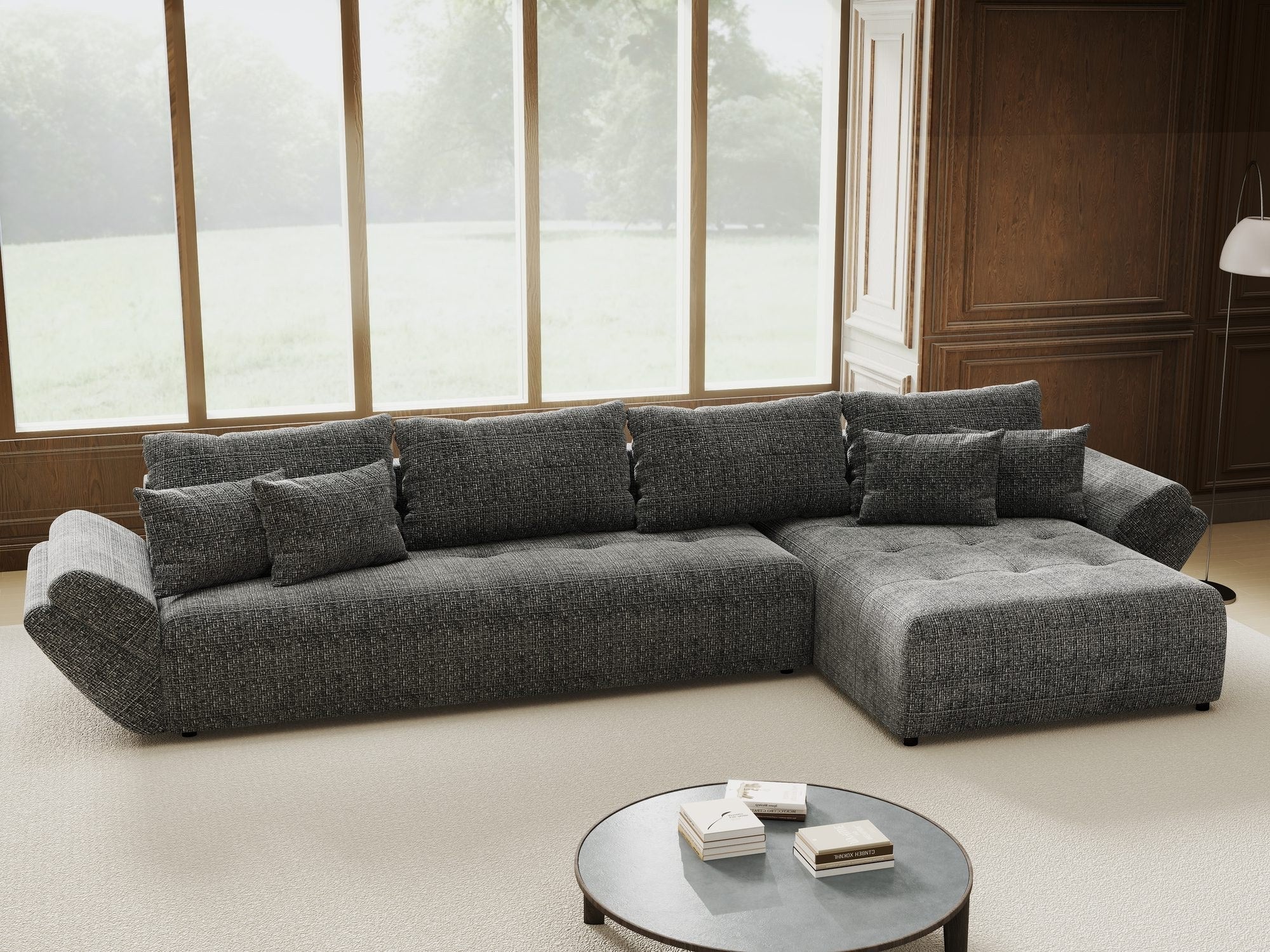 Colțar extensibil dumonde cu ladă de depozitare si sezut confortabil din spuma high-density, Berlin XL Cremona Gri 95 II 350x185 cm