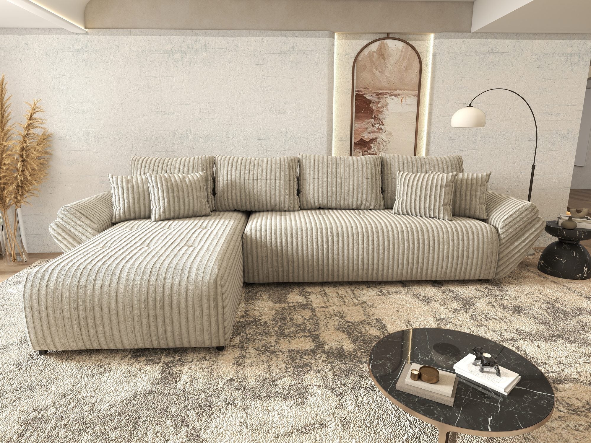 Colțar extensibil dumonde cu ladă de depozitare si sezut confortabil din spuma high-density, Berlin XL Tilia Gri- Bej 11 350x185 cm