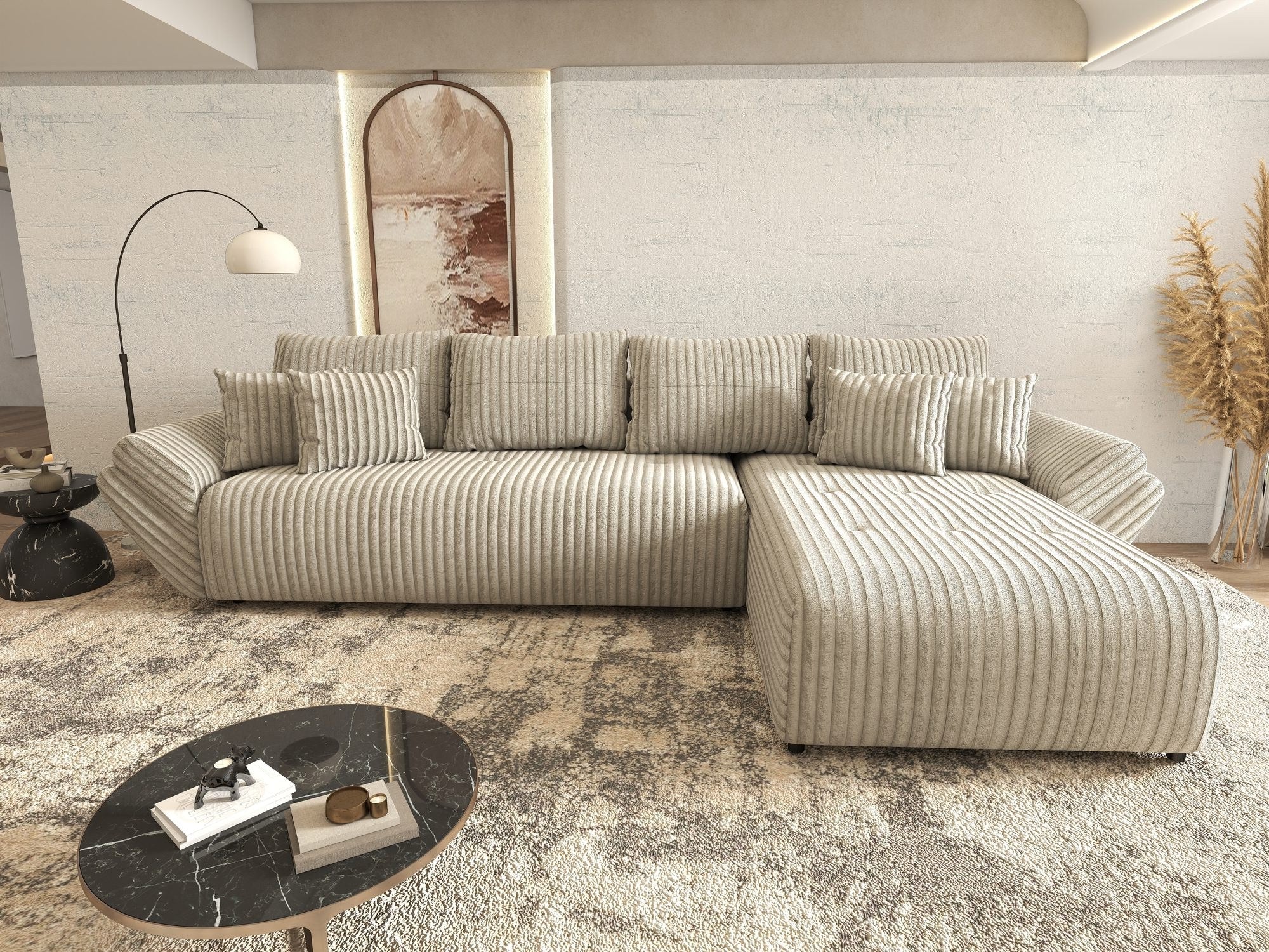 Colțar extensibil dumonde cu ladă de depozitare si sezut confortabil din spuma high-density, Berlin XL Tilia Gri- Bej 11 II 350x185 cm