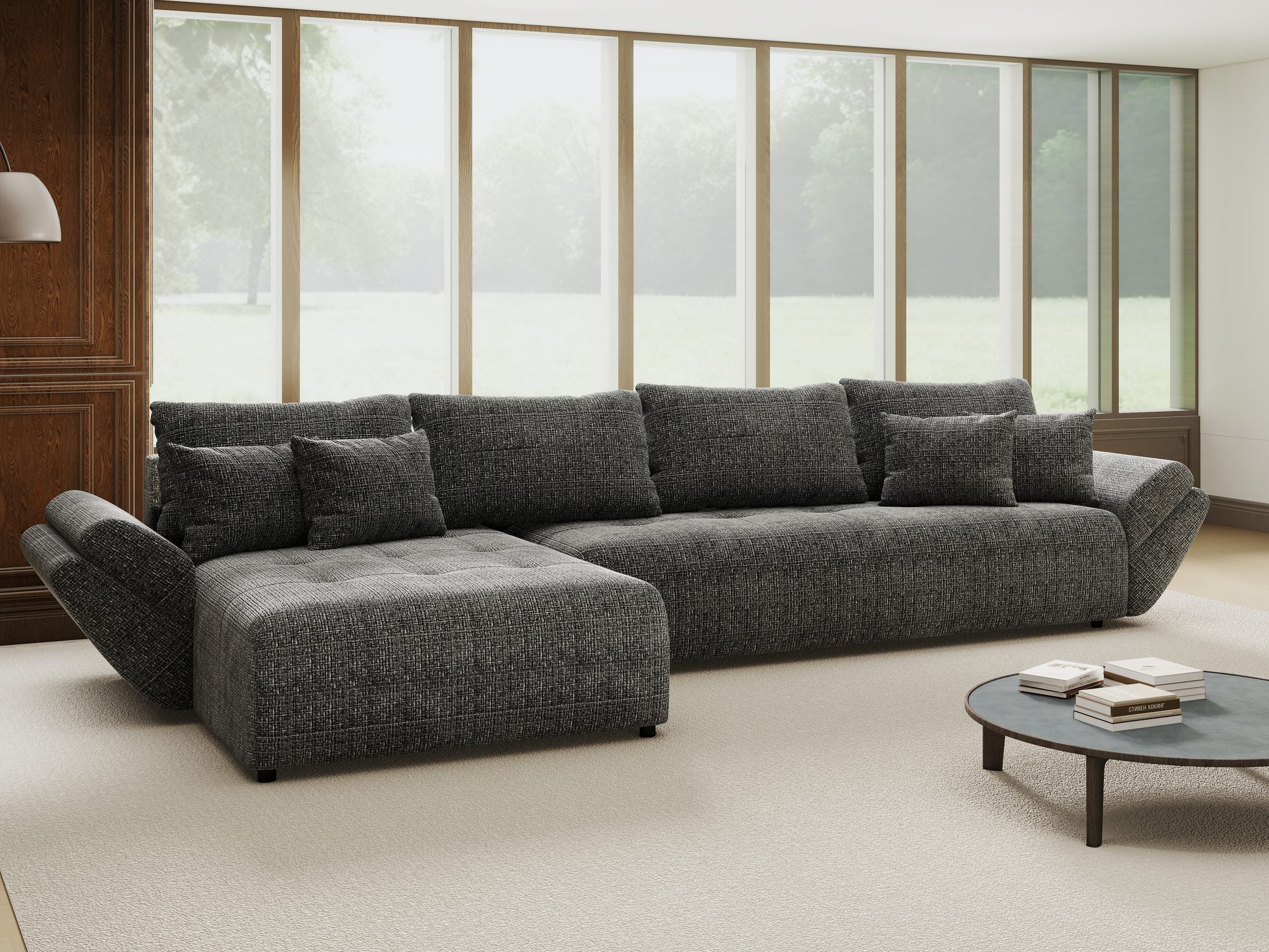 Colțar extensibil dumonde cu ladă de depozitare si sezut confortabil din spuma high-density, Berlin XL Cremona Gri 95 350x185 cm