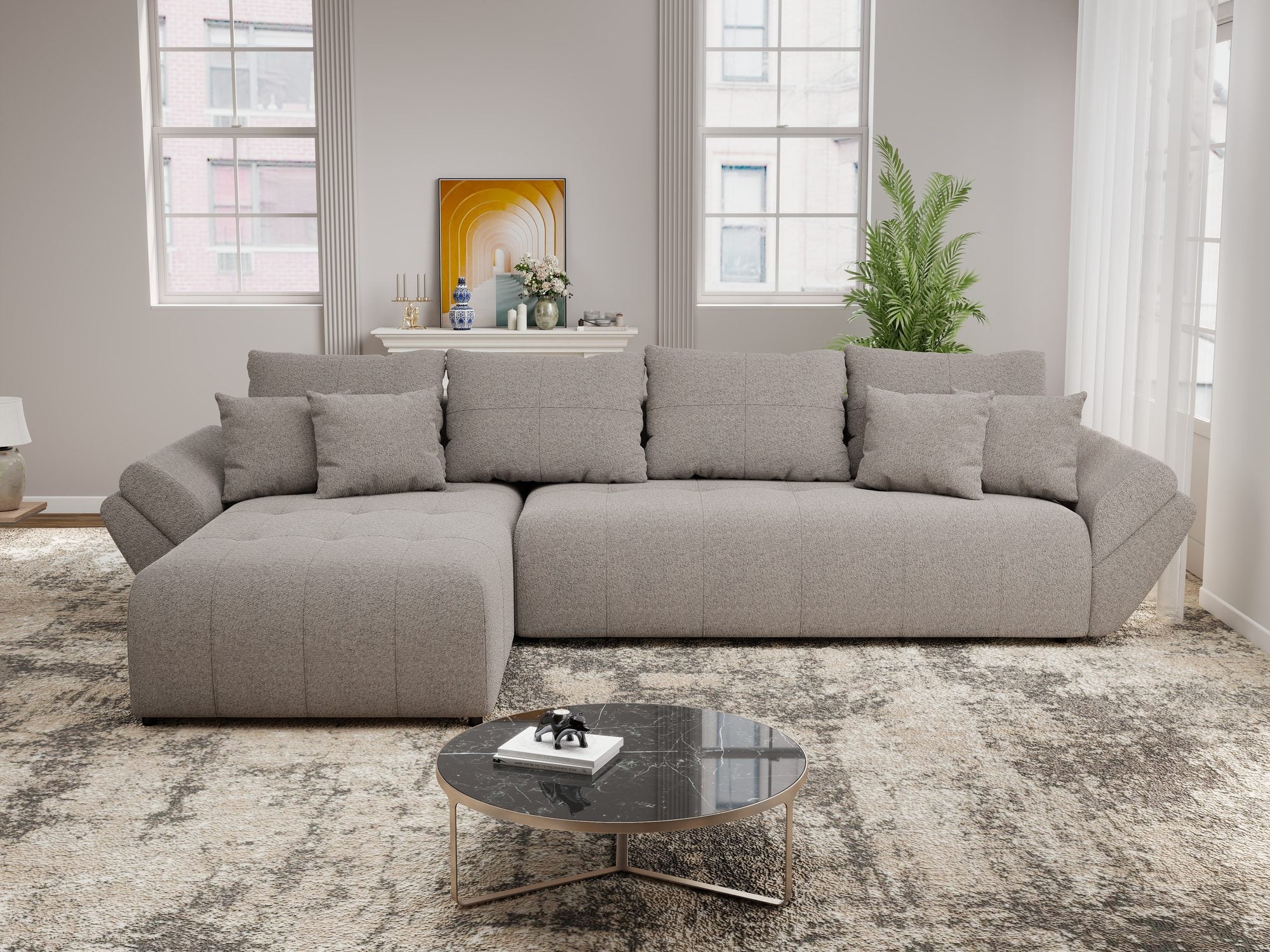 Colțar extensibil dumonde cu ladă de depozitare si sezut confortabil din spuma high-density, Berlin XL Monte Gri 16 350x185 cm