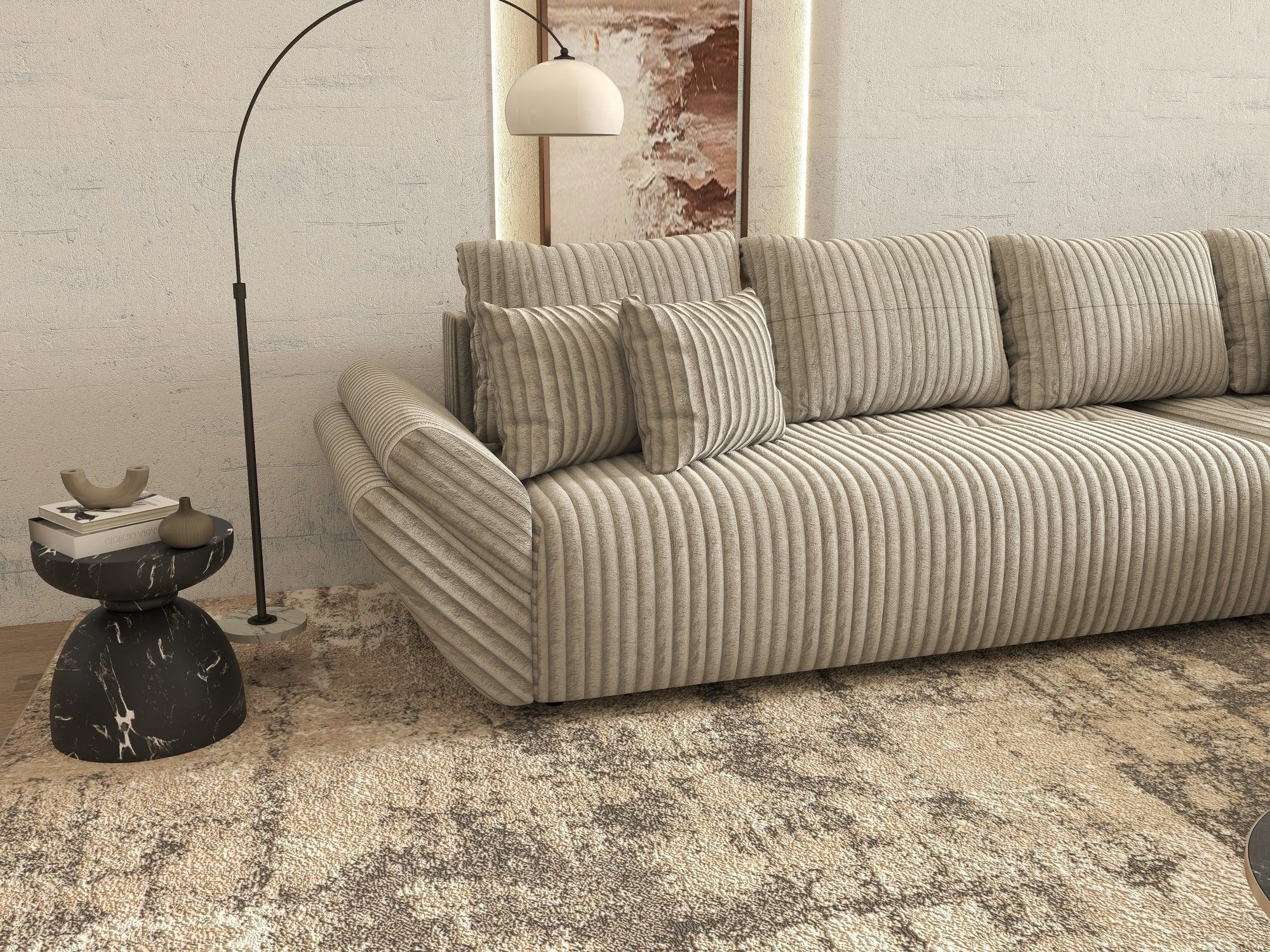 Colțar extensibil dumonde cu ladă de depozitare si sezut confortabil din spuma high-density, Berlin XL Tilia Gri- Bej 11 II 350x185 cm