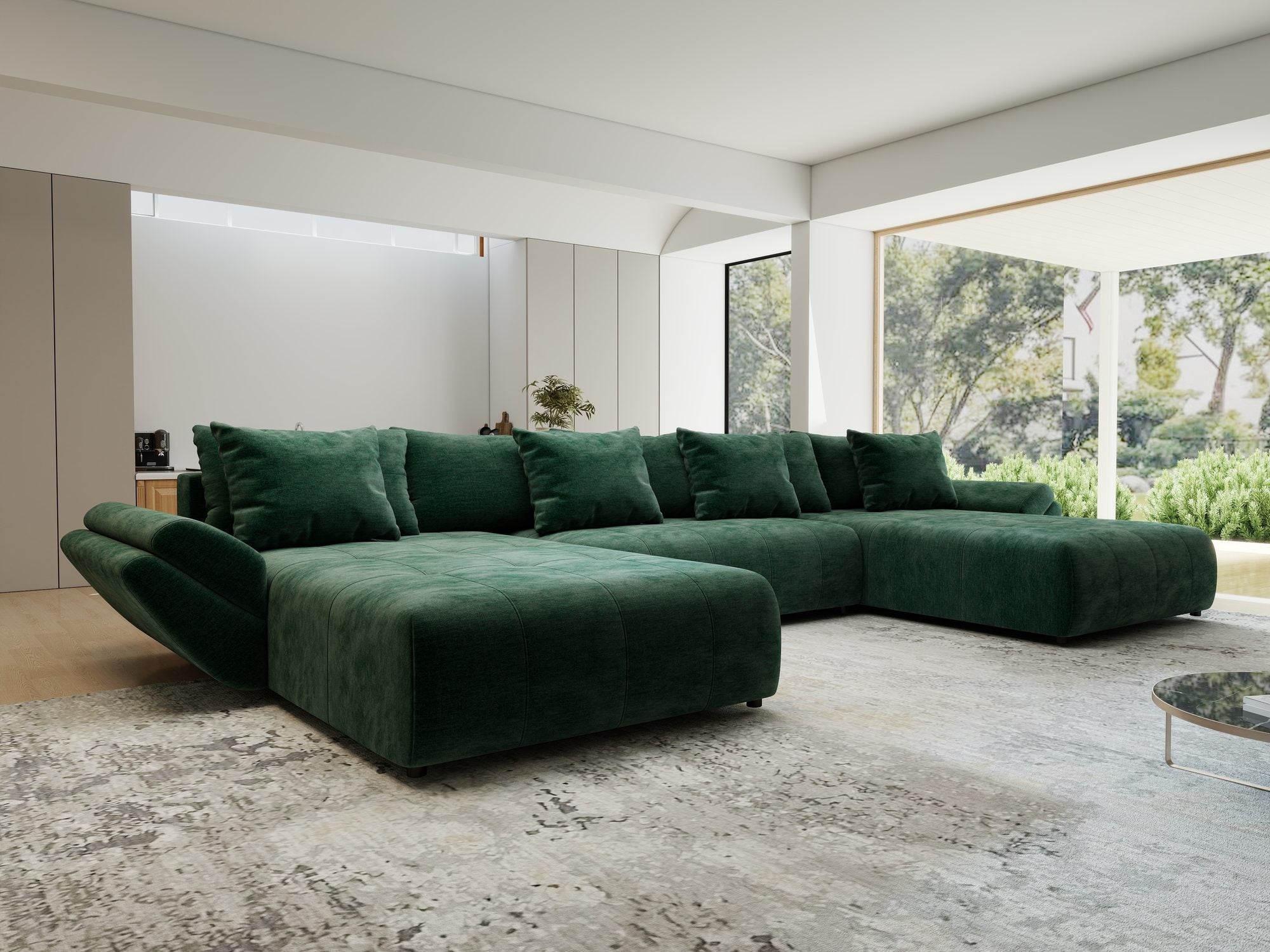 Colțar extensibil dumonde cu ladă de depozitare si sezut confortabil din spuma high-density, Berlin U Monolith Verde 37 380x180 cm