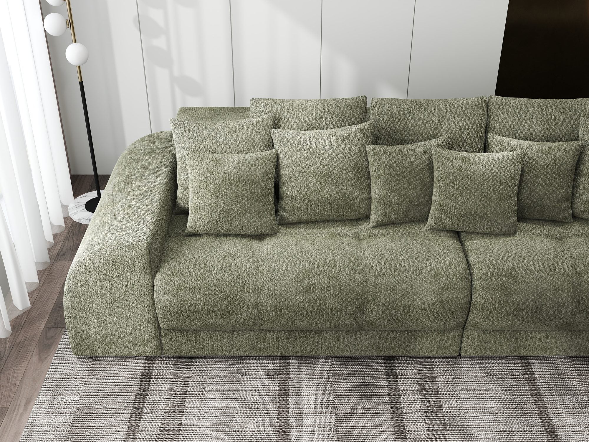 Canapea extensibilă dumonde cu 2 lăzi de depozitare si sezut confortabil din spuma high-density, Verona Vibe Olive 38 310x100 cm