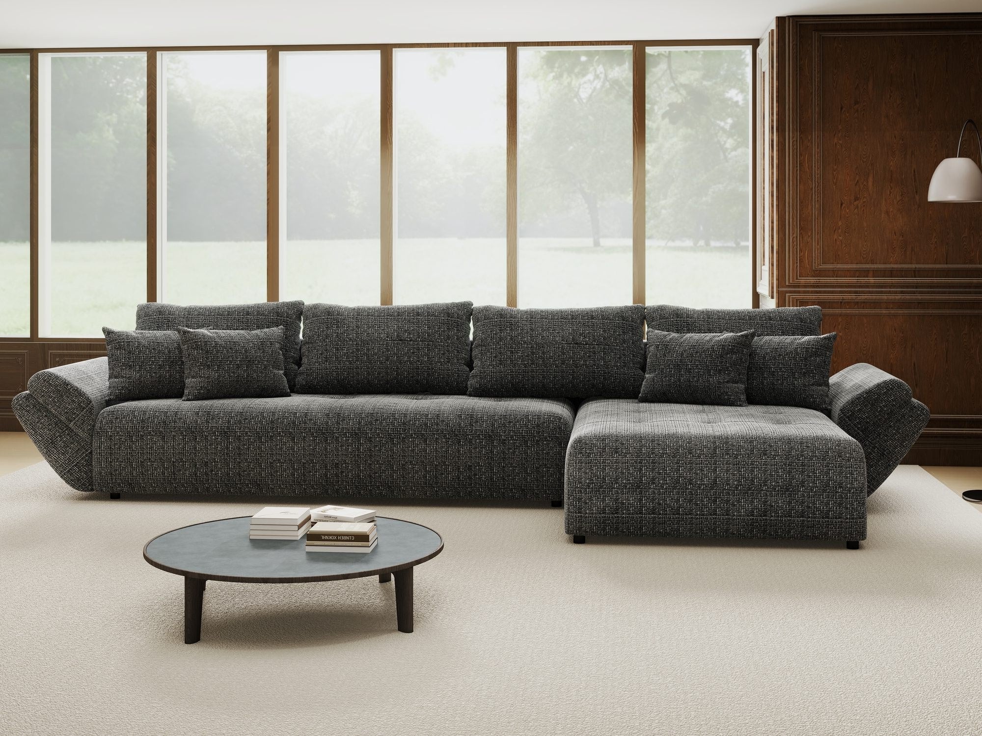 Colțar extensibil dumonde cu ladă de depozitare si sezut confortabil din spuma high-density, Berlin XL Cremona Gri 95 II 350x185 cm