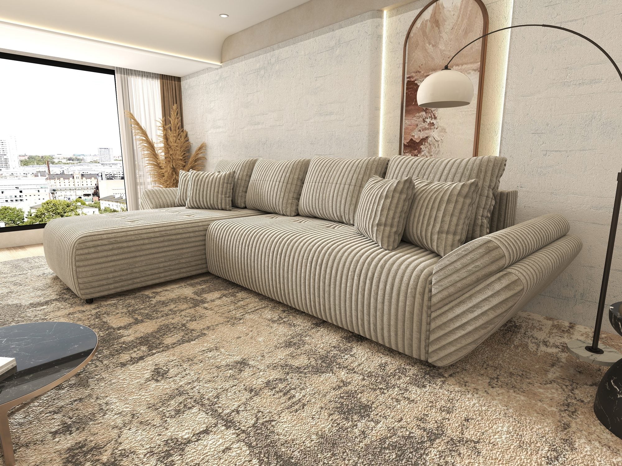 Colțar extensibil dumonde cu ladă de depozitare si sezut confortabil din spuma high-density, Berlin XL Tilia Gri- Bej 11 350x185 cm
