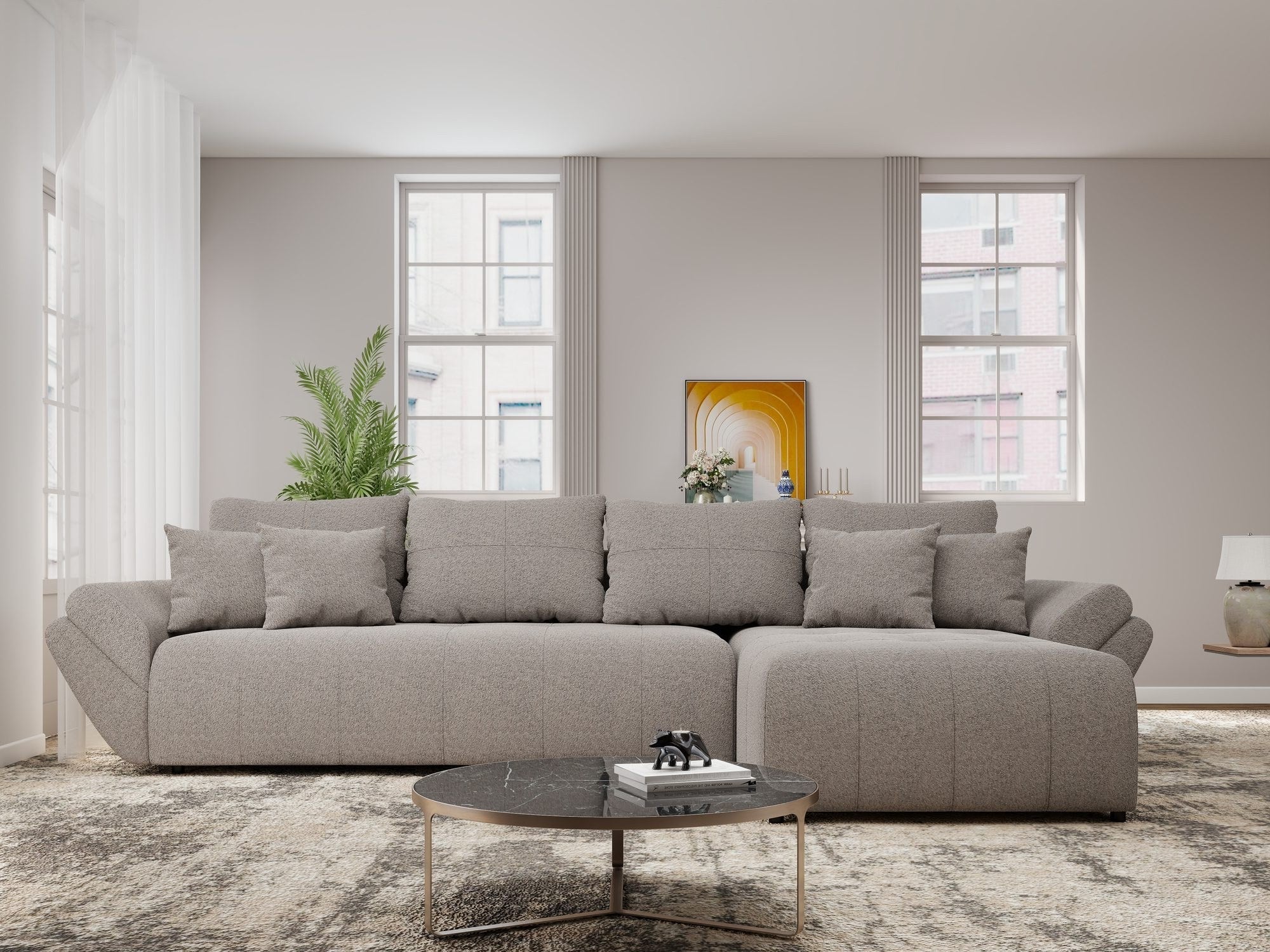 Colțar extensibil dumonde cu ladă de depozitare si sezut confortabil din spuma high-density, Berlin XL Monte Gri 16 II 350x185 cm