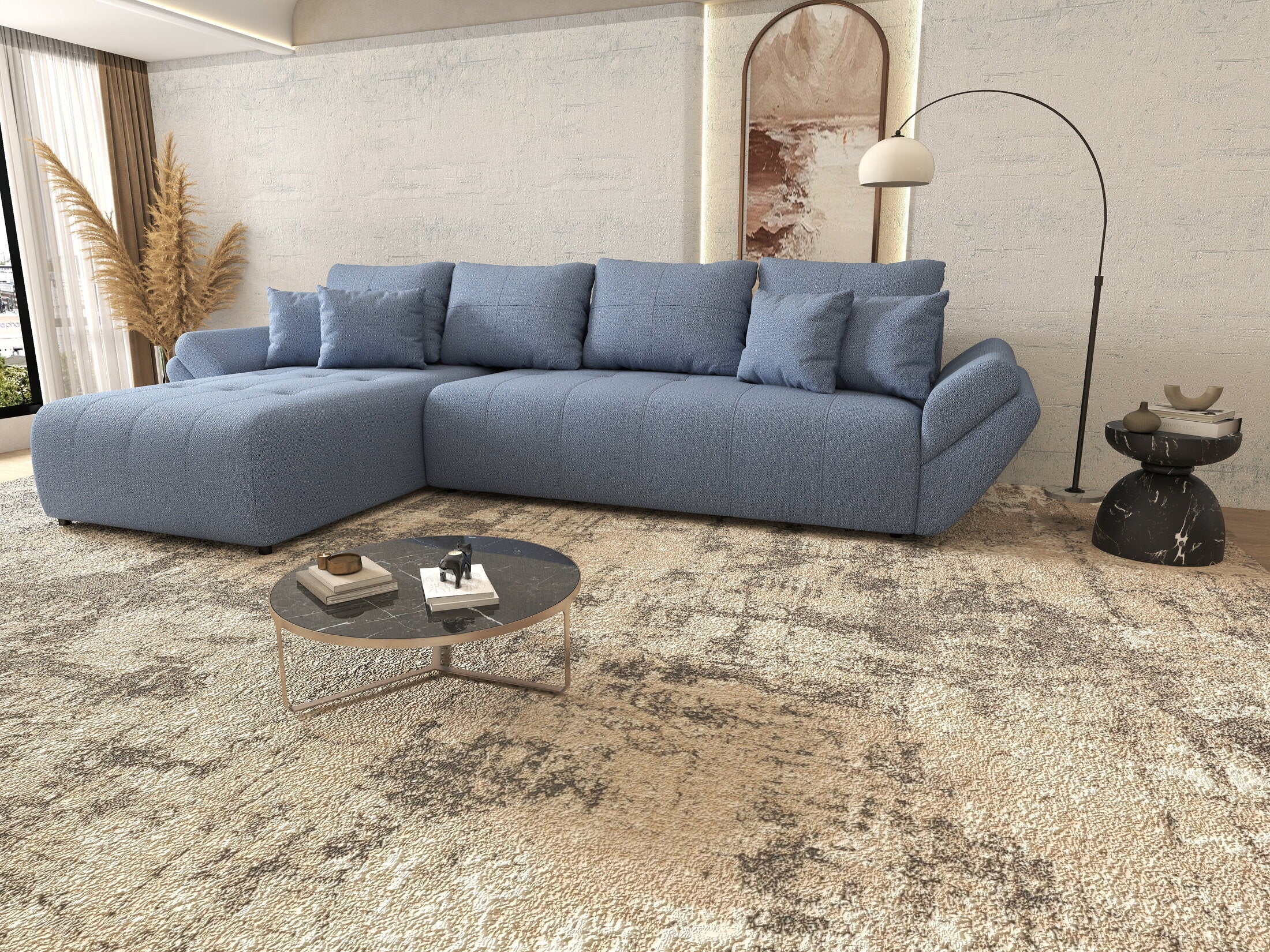 Colțar extensibil dumonde cu ladă de depozitare si sezut confortabil din spuma high-density, Berlin XL Enjoy Blue 350x185 cm
