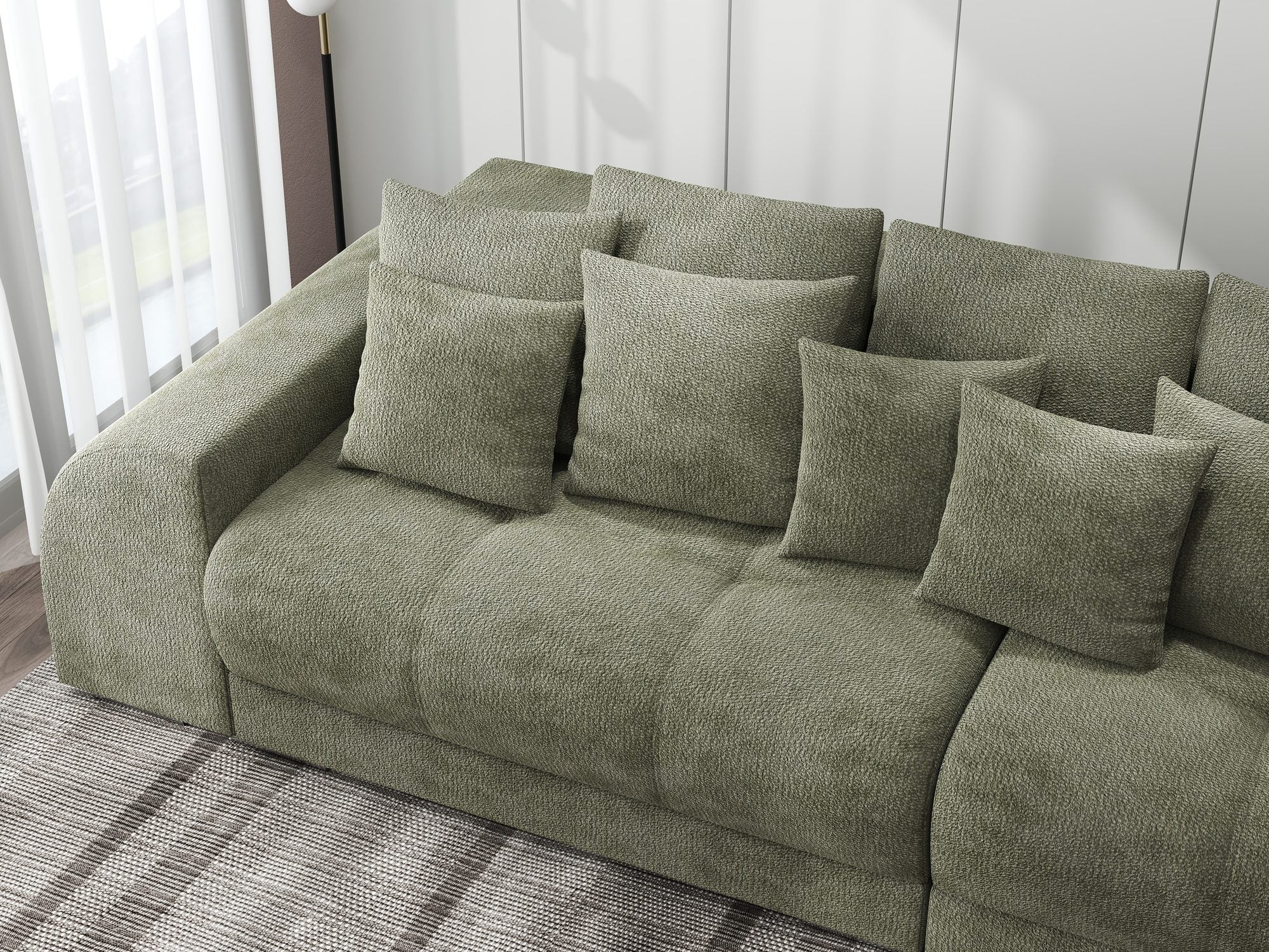 Canapea extensibilă dumonde cu 2 lăzi de depozitare si sezut confortabil din spuma high-density, Verona Vibe Olive 38 310x100 cm