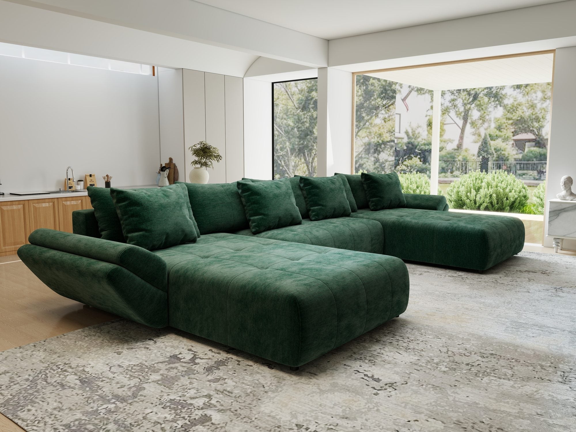 Colțar extensibil dumonde cu ladă de depozitare si sezut confortabil din spuma high-density, Berlin U Monolith Verde 37 380x180 cm