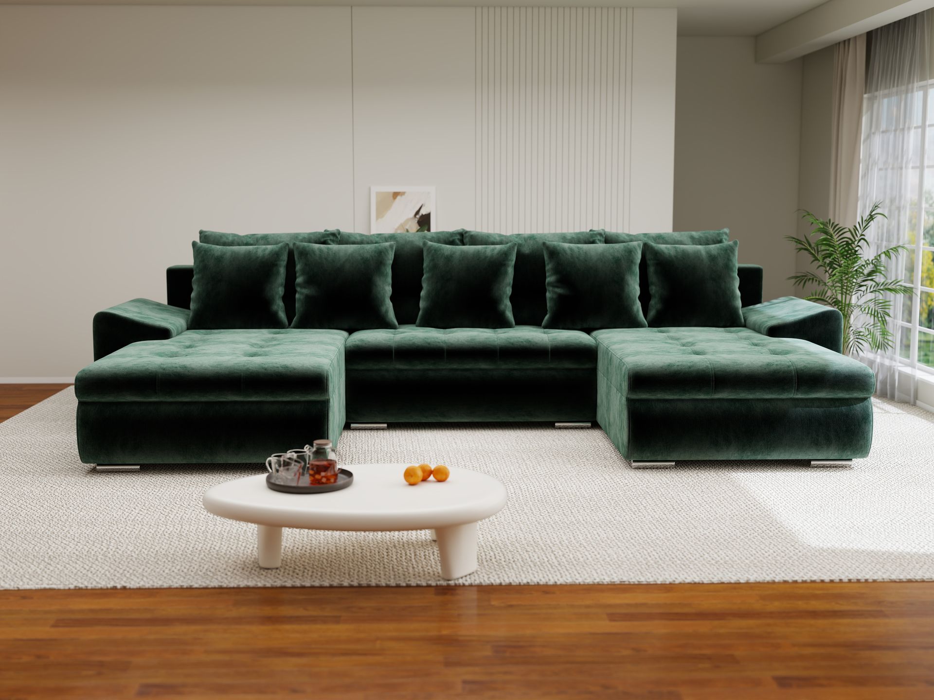 Colțar extensibil dumonde cu ladă de depozitare si sezut confortabil din spuma high-density, Leonardo U Monolith Verde 37 360x185 cm