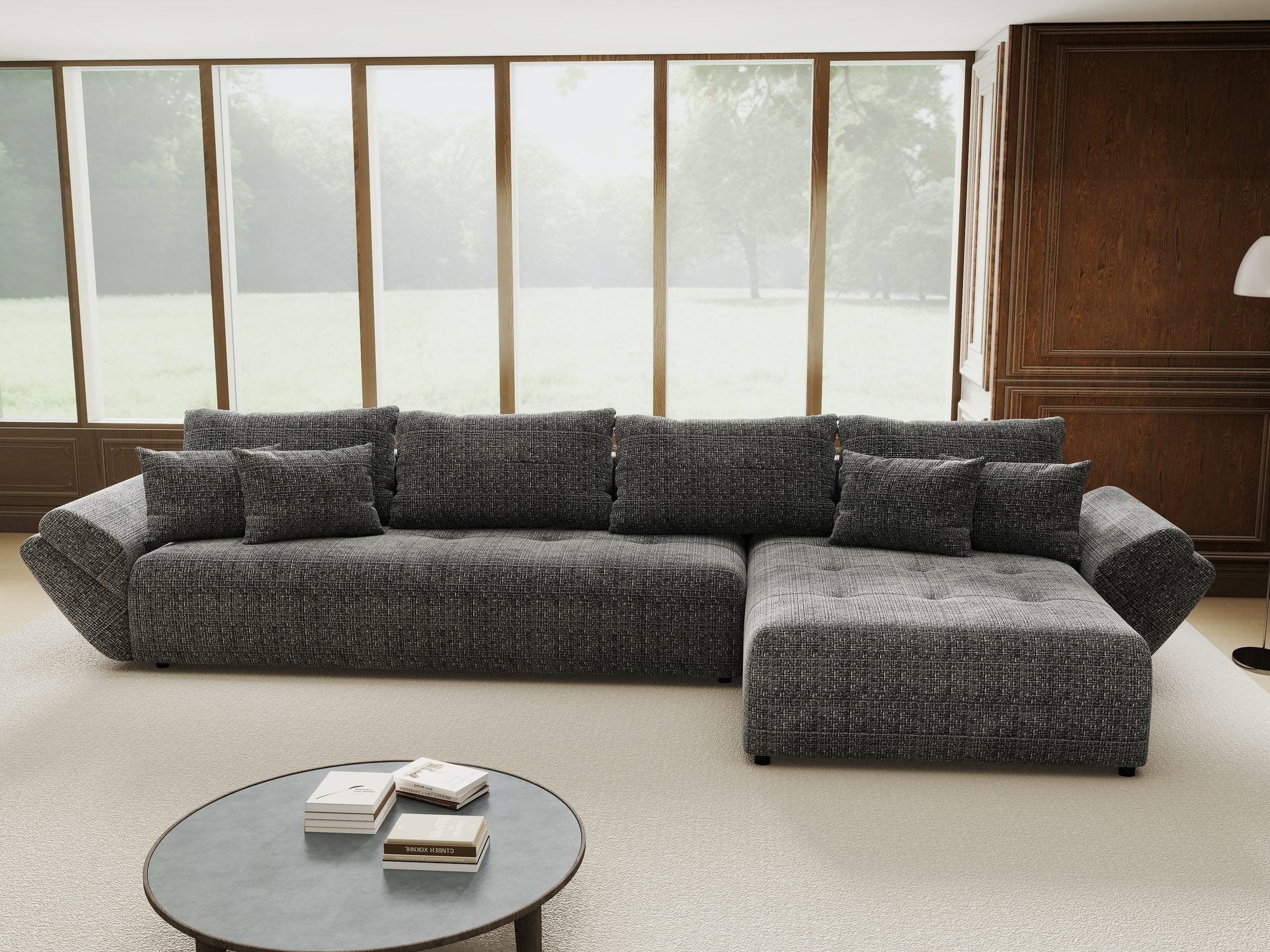 Colțar extensibil dumonde cu ladă de depozitare si sezut confortabil din spuma high-density, Berlin XL Cremona Gri 95 II 350x185 cm