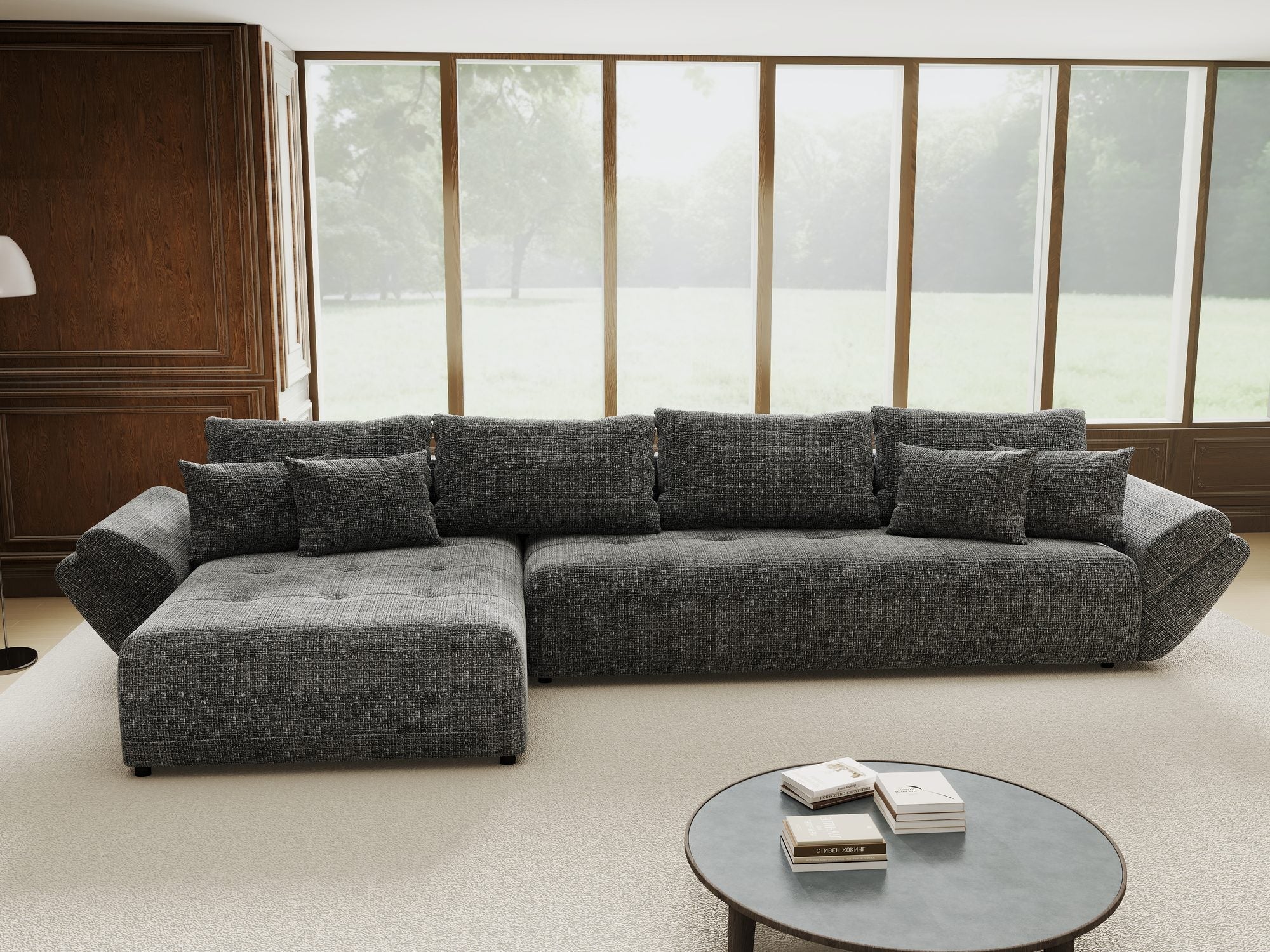 Colțar extensibil dumonde cu ladă de depozitare si sezut confortabil din spuma high-density, Berlin XL Cremona Gri 95 350x185 cm