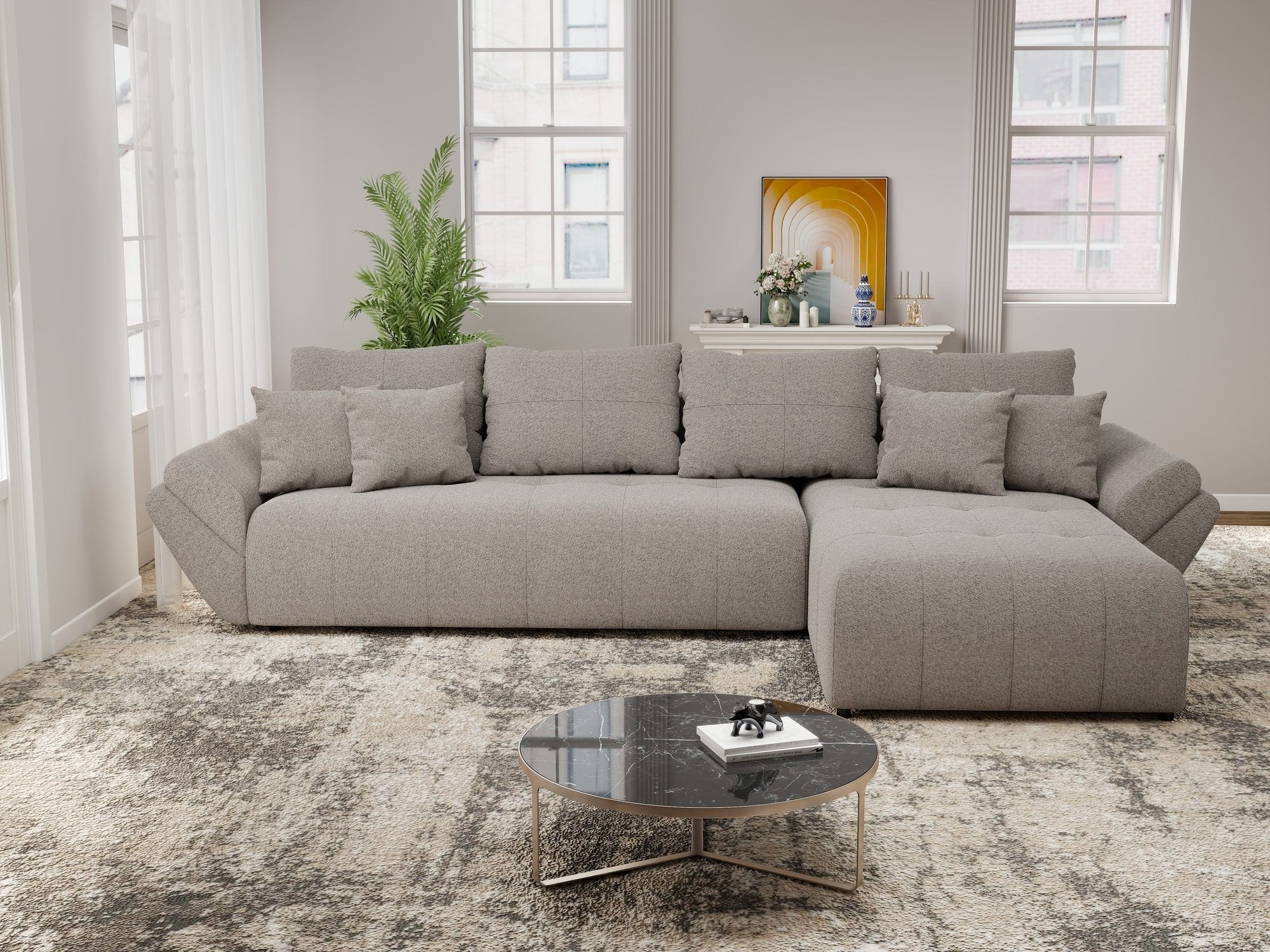 Colțar extensibil dumonde cu ladă de depozitare si sezut confortabil din spuma high-density, Berlin XL Monte Gri 16 II 350x185 cm
