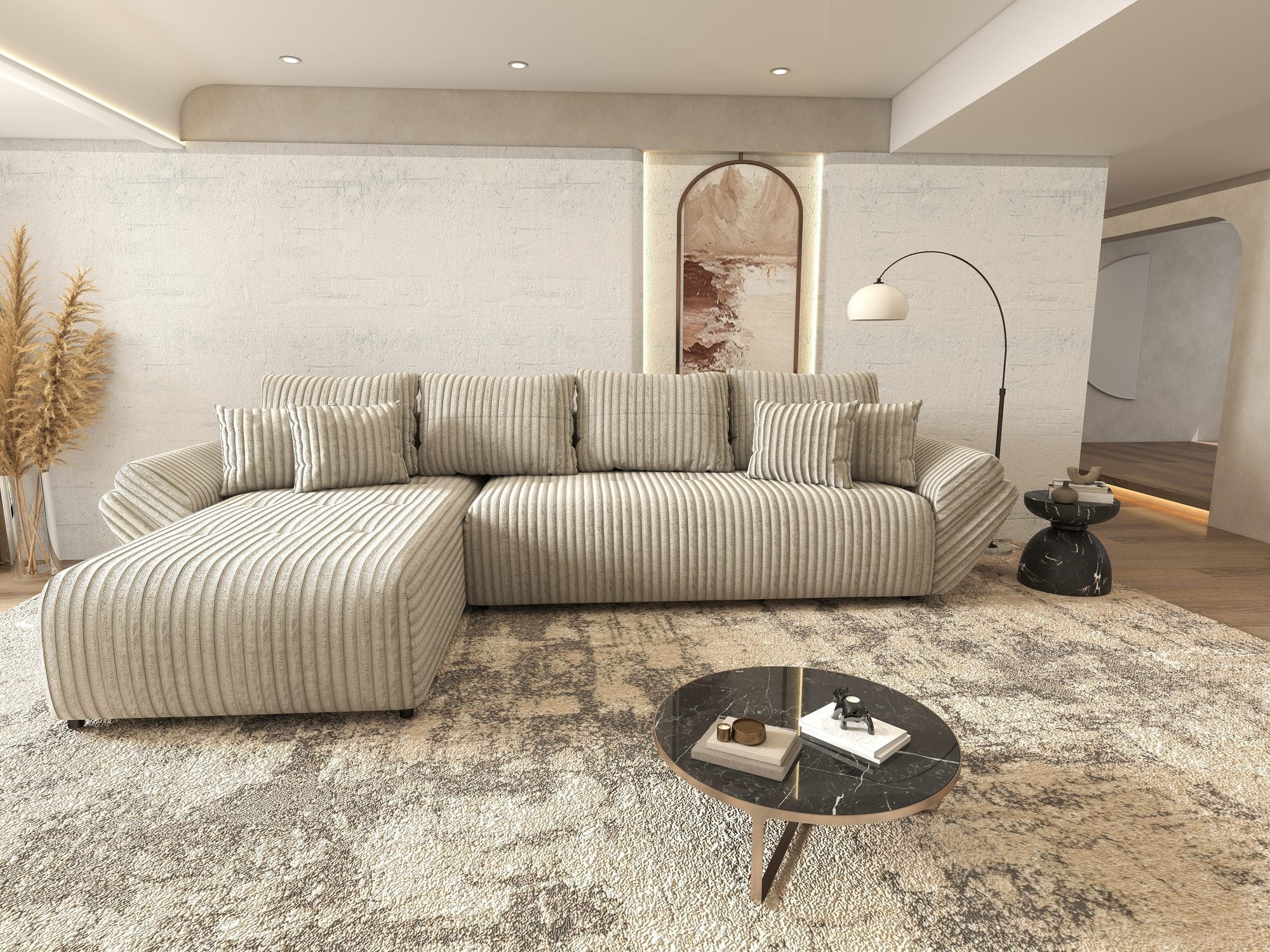 Colțar extensibil dumonde cu ladă de depozitare si sezut confortabil din spuma high-density, Berlin XL Tilia Gri- Bej 11 350x185 cm