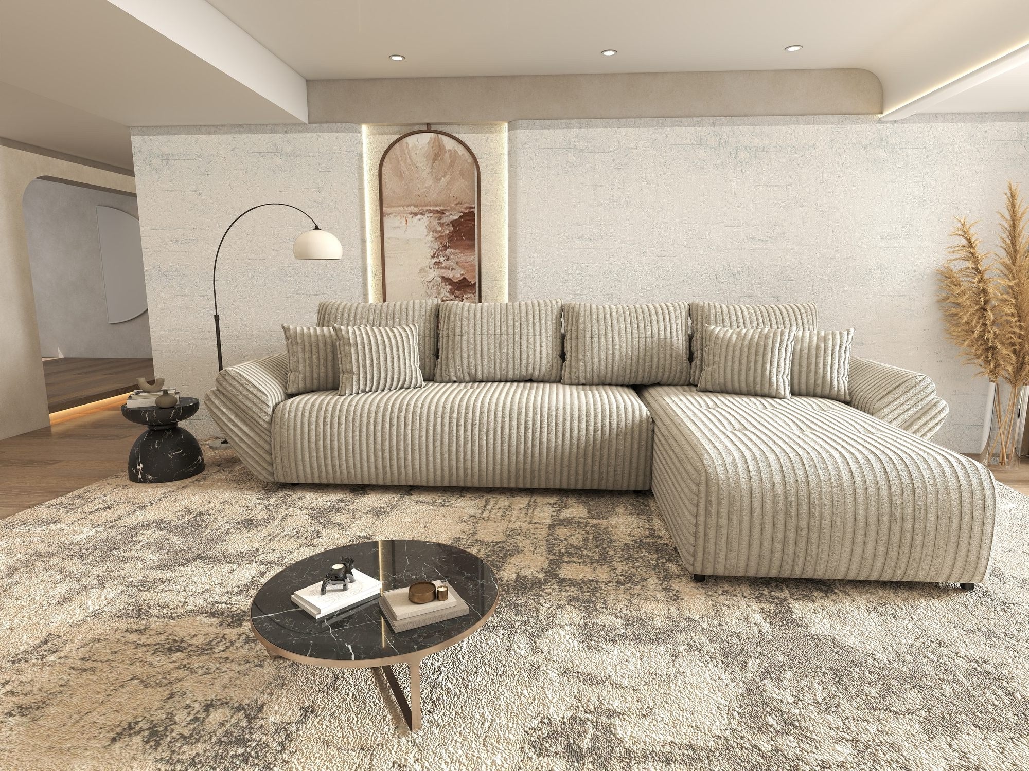 Colțar extensibil dumonde cu ladă de depozitare si sezut confortabil din spuma high-density, Berlin XL Tilia Gri- Bej 11 II 350x185 cm