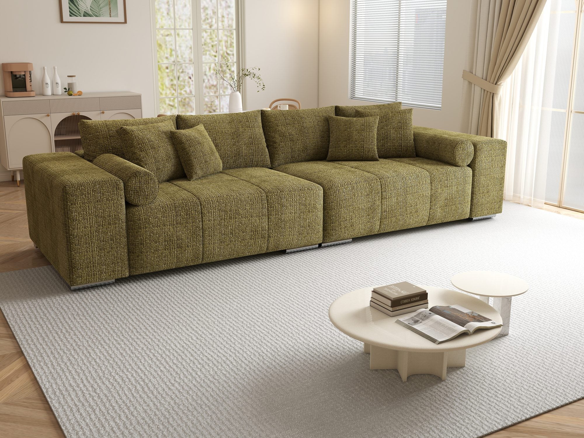 Canapea extensibilă dumonde cu ladă de depozitare si sezut confortabil din spuma high-density, Marbela XXL Cremona Olive 38 290x100 cm