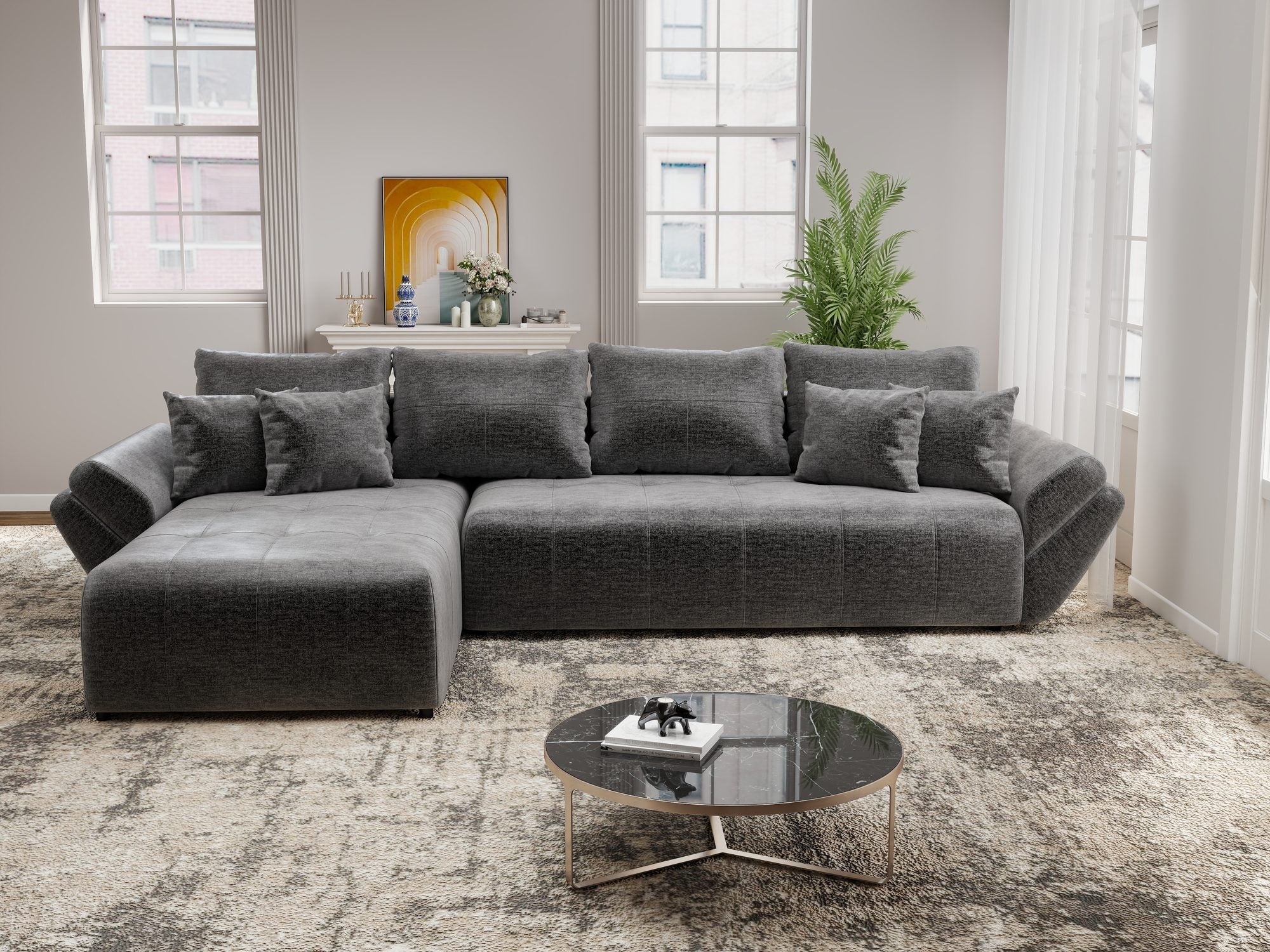 Colțar extensibil dumonde cu ladă de depozitare si sezut confortabil din spuma high-density, Berlin XL Monolith Gri Antracit 97 350x185 cm