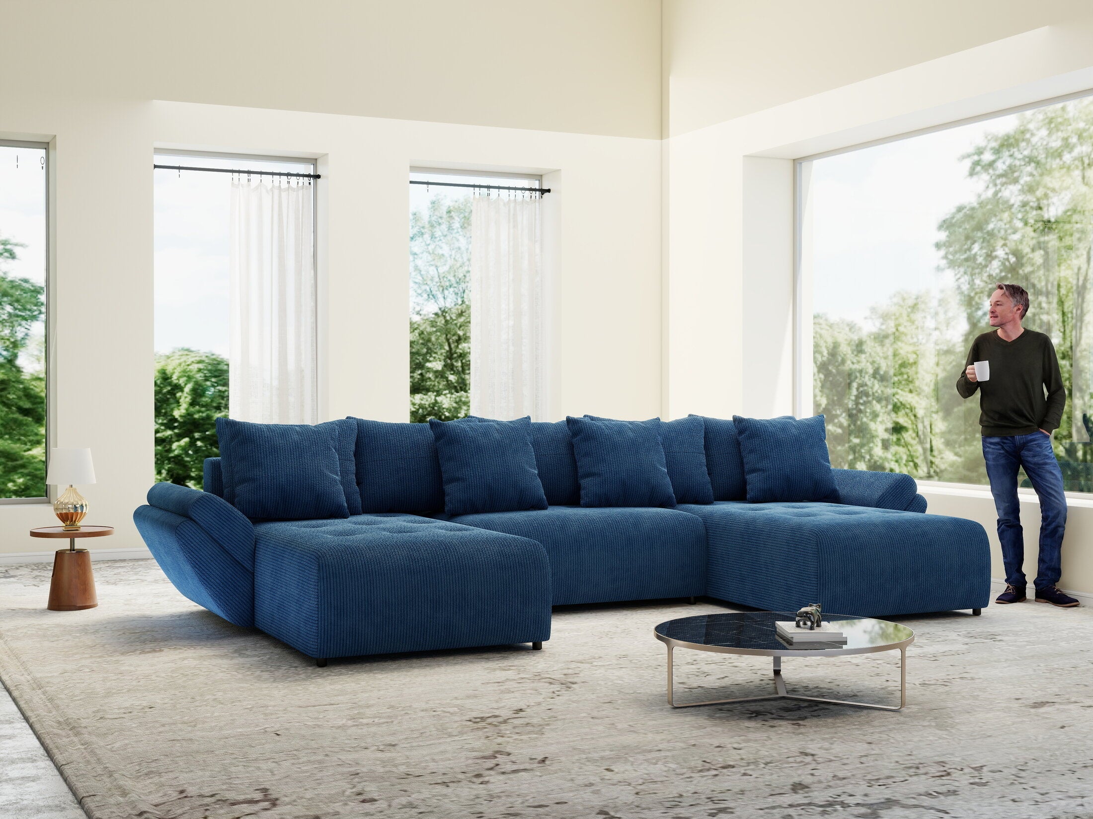 Colțar extensibil dumonde cu ladă de depozitare si sezut confortabil din spuma high-density, Berlin U Zoom Blue 400x185 cm