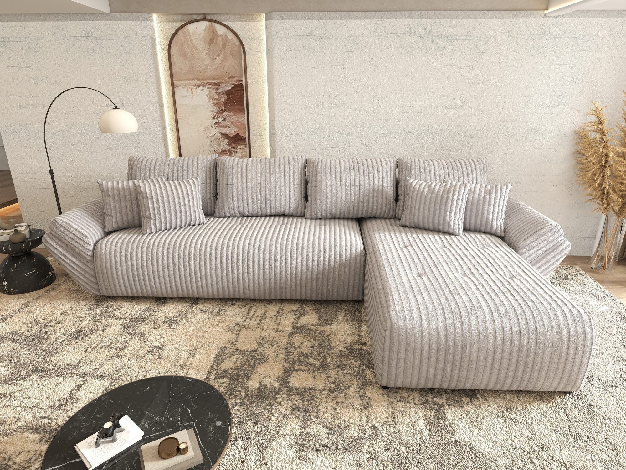 Colțar extensibil dumonde cu ladă de depozitare si sezut confortabil din spuma high-density, Berlin XL Tilia Gri 86 II 350x185 cm