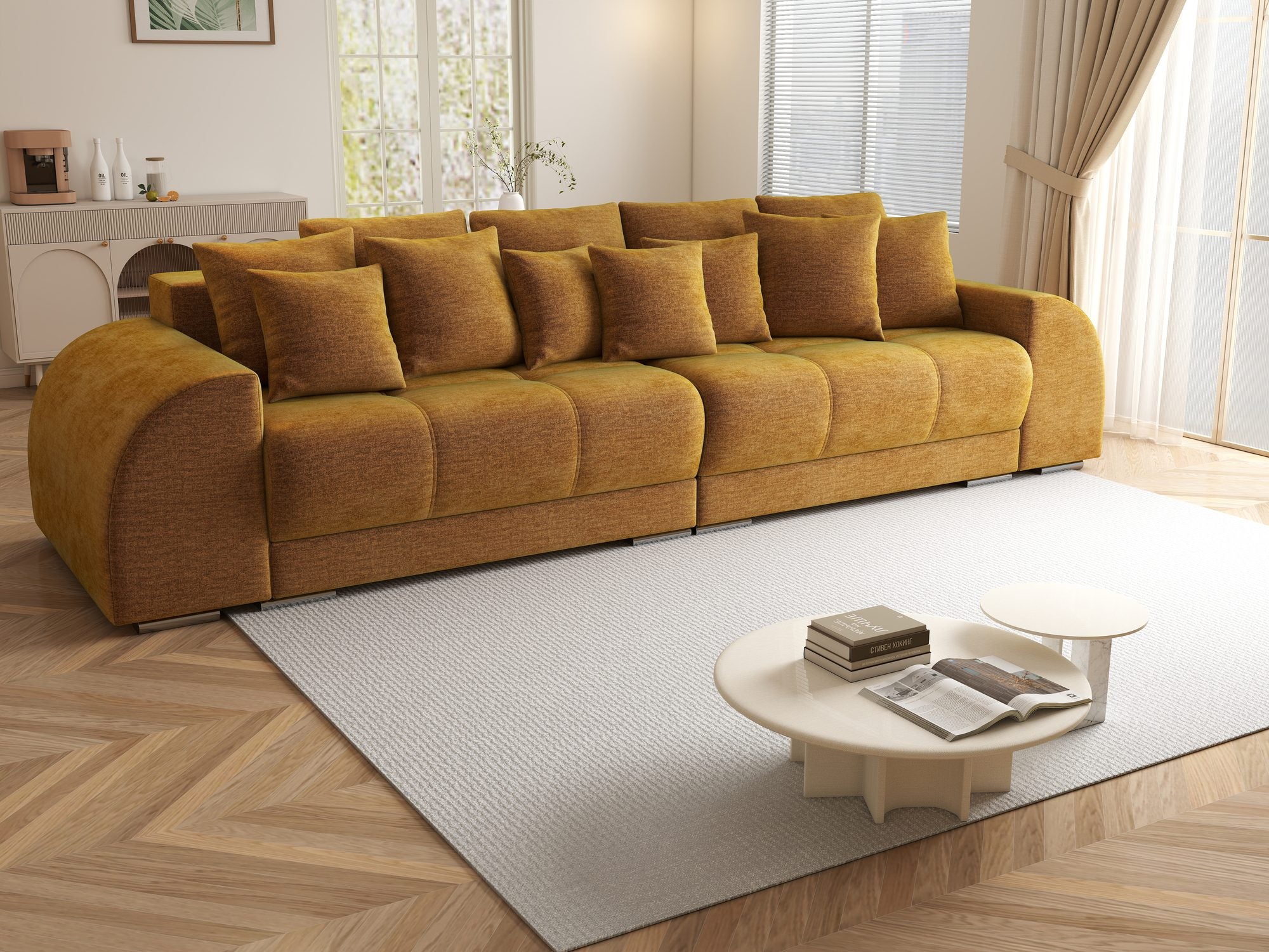 Canapea extensibilă dumonde cu 2 lăzi de depozitare si sezut confortabil din spuma high-density, Verona Monolith Mustar 48 310x100 cm
