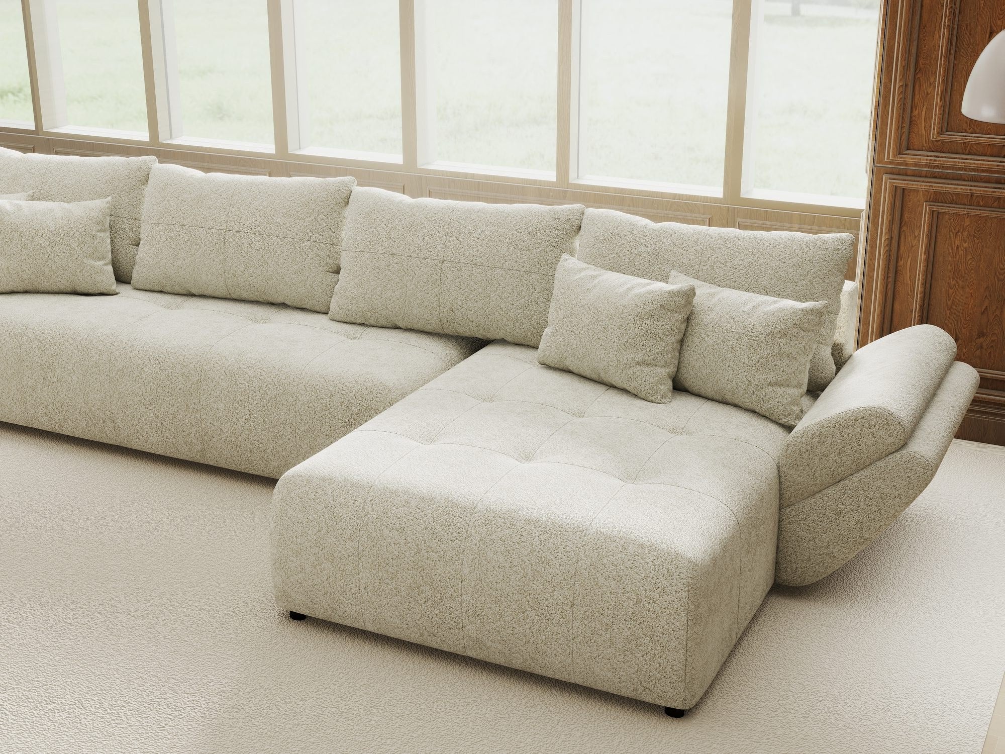Colțar extensibil dumonde cu ladă de depozitare si sezut confortabil din spuma high-density, Berlin XL Arena Bej 20 II 350x185 cm