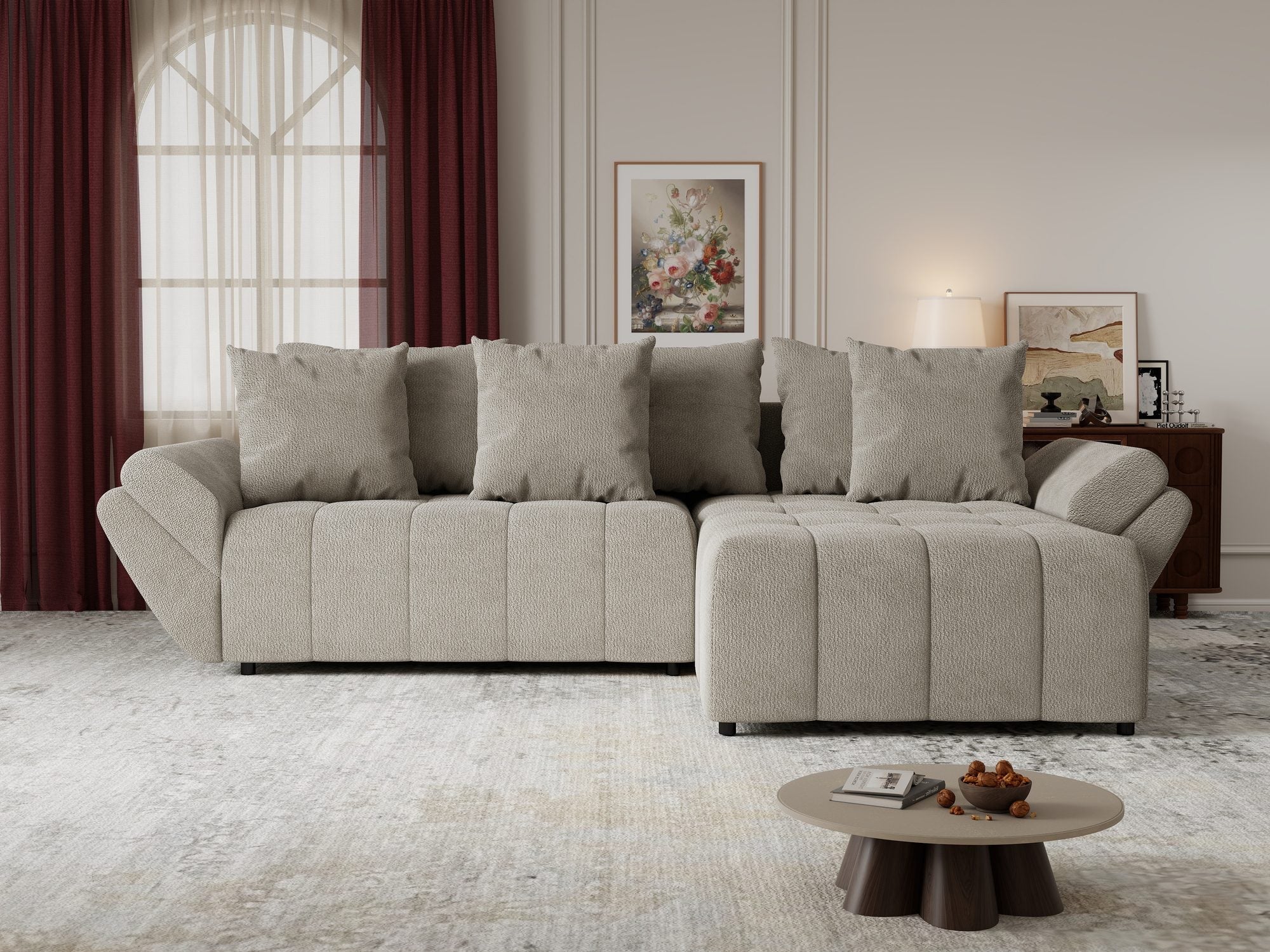 Colțar extensibil dumonde cu ladă de depozitare si sezut confortabil din spuma high-density, Berlin Vibe Bej 06 II 280x185 cm