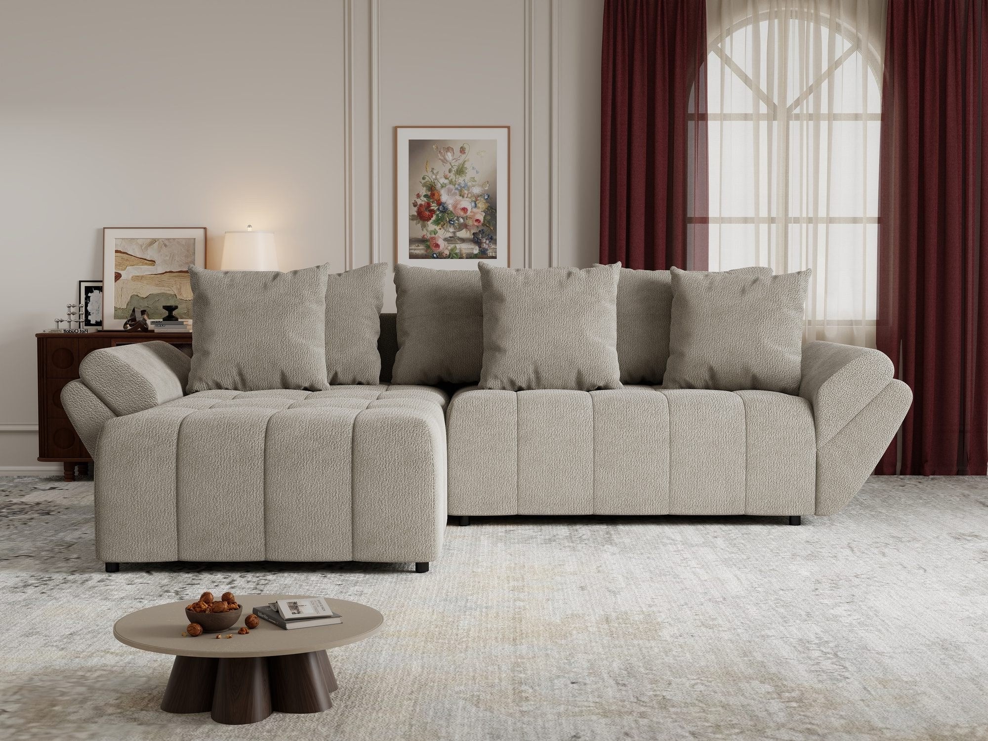 Colțar extensibil dumonde cu ladă de depozitare si sezut confortabil din spuma high-density, Berlin Vibe Bej 06 280x185 cm