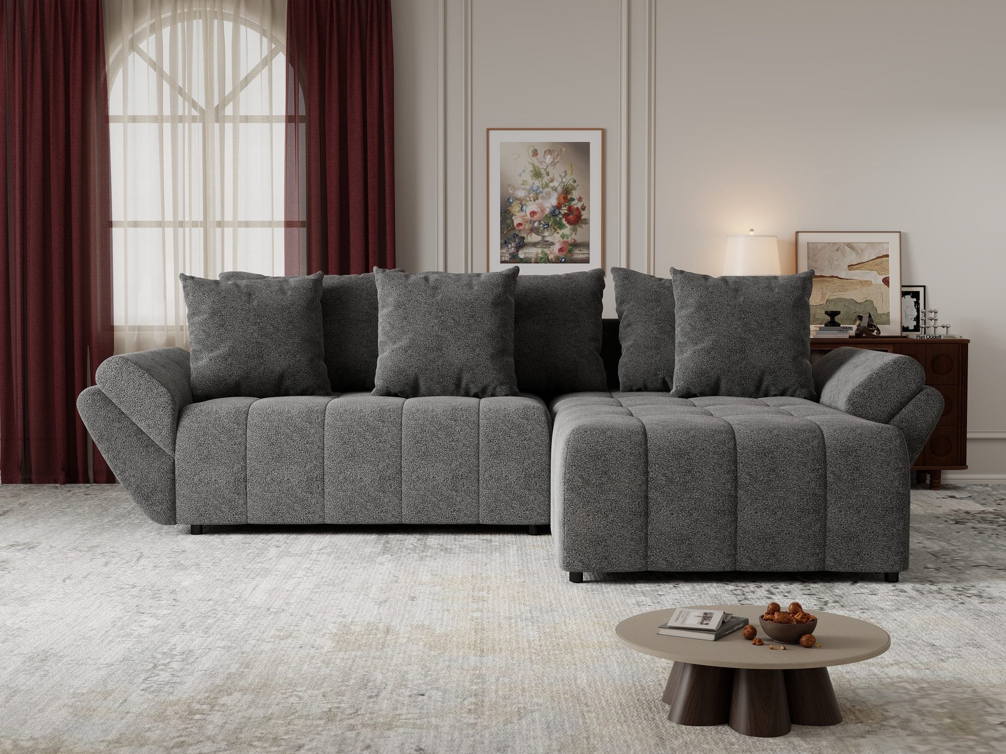 Colțar extensibil dumonde cu ladă de depozitare si sezut confortabil din spuma high-density, Berlin Quelle Gri 92 II 280x185 cm
