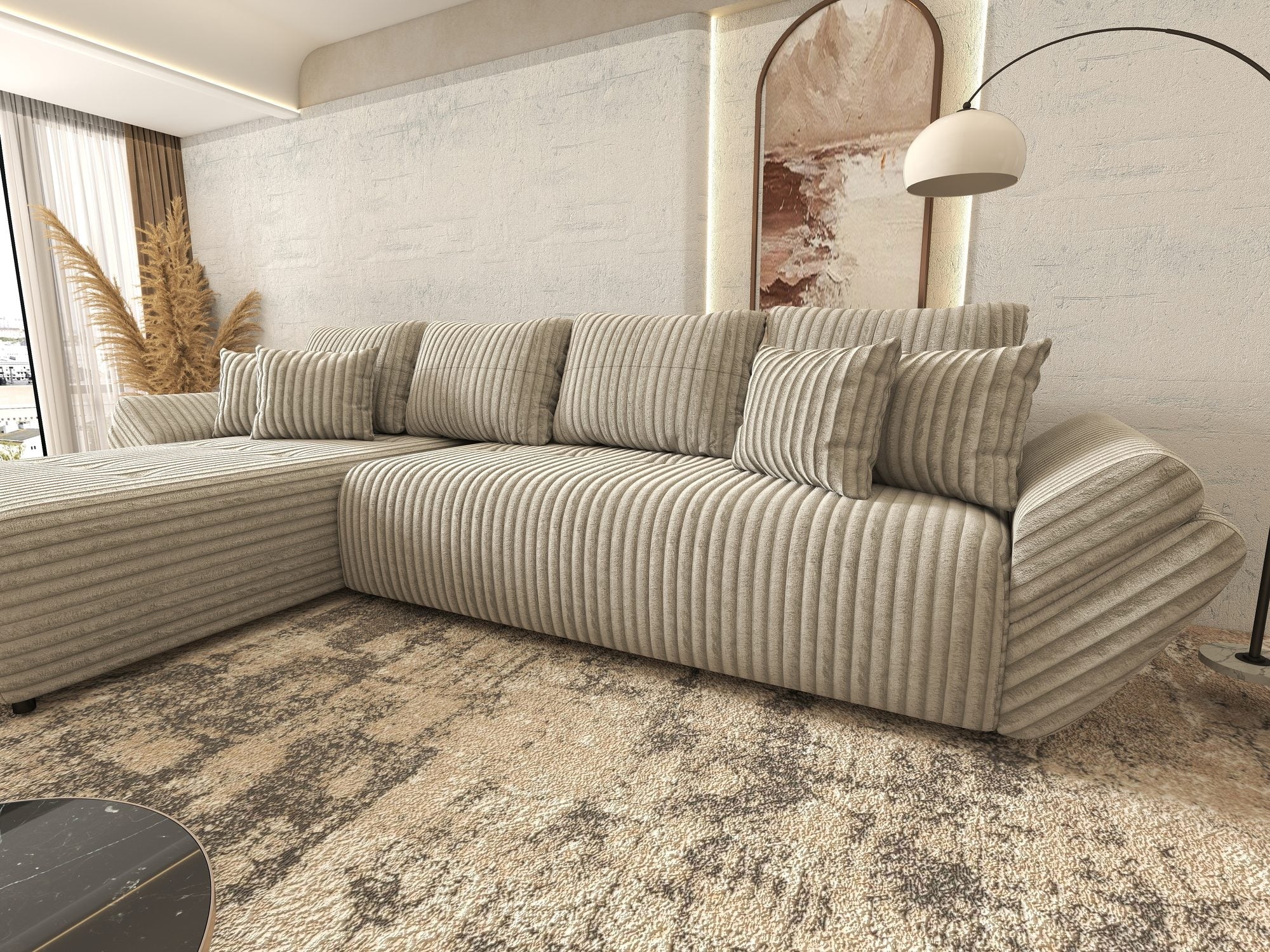Colțar extensibil dumonde cu ladă de depozitare si sezut confortabil din spuma high-density, Berlin XL Tilia Gri- Bej 11 350x185 cm