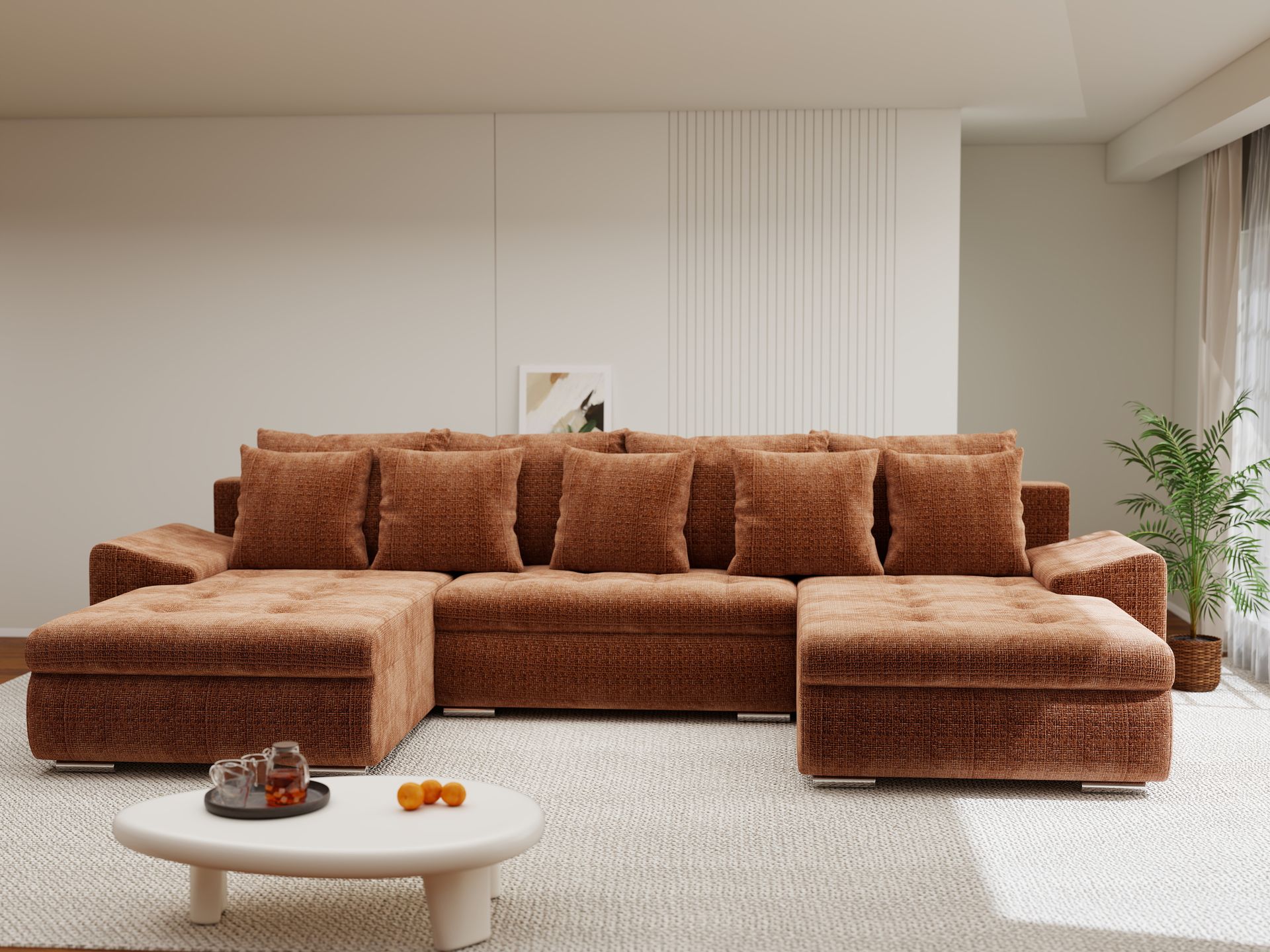 Colțar extensibil dumonde cu ladă de depozitare si sezut confortabil din spuma high-density, Leonardo U Cremona Teracota 52 360x185 cm
