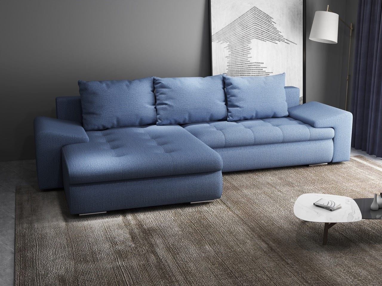 Colțar extensibil dumonde cu ladă de depozitare si sezut confortabil din spuma HR, Leonardo Enjoy Albastru 260x185 cm Fabrica