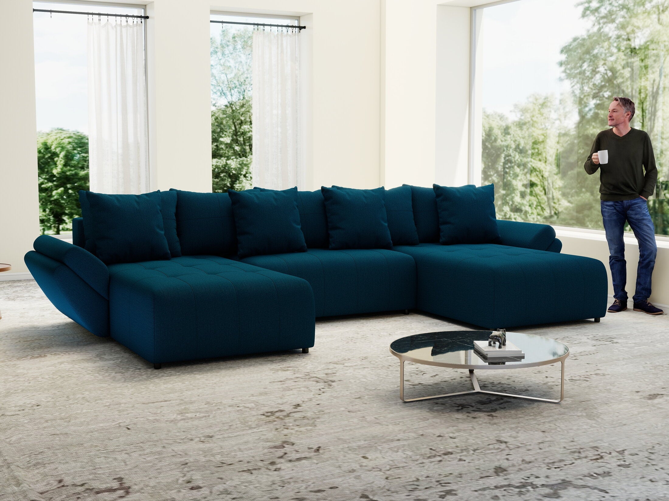 Colțar extensibil dumonde cu ladă de depozitare si sezut confortabil din spuma high-density, Berlin U Enjoy Petrol 400x185 cm