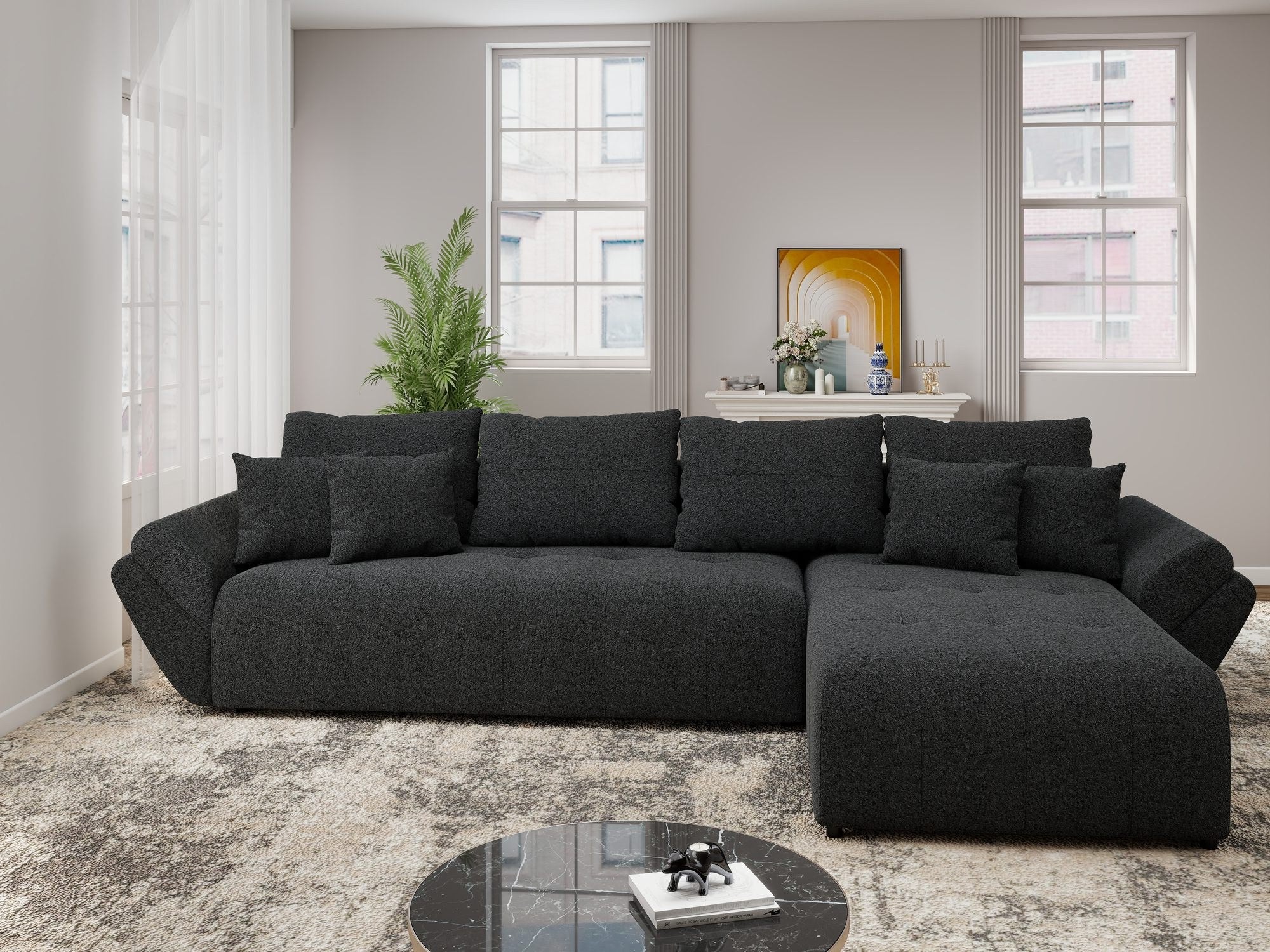 Colțar extensibil dumonde cu ladă de depozitare si sezut confortabil din spuma high-density, Berlin XL Monte Negru 99 II 350x185 cm